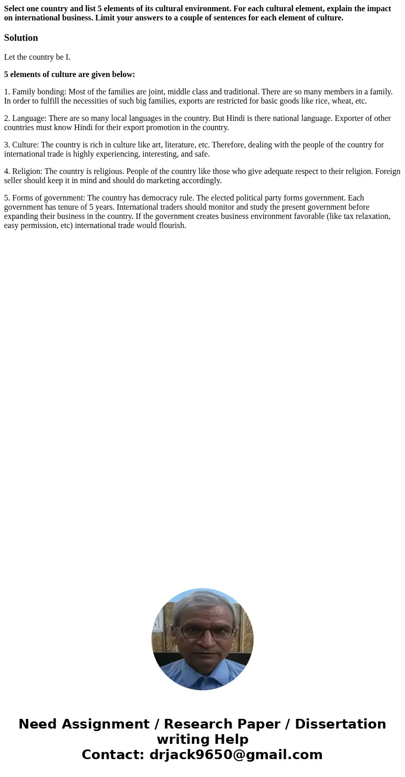 Select one country and list 5 elements of its cultural environment. For each cultural element, explain the impact on international business. Limit your answers  Select one country and list 5 elements of its cultural environment. For each cultural element, explain the impact on international business. Limit your answers