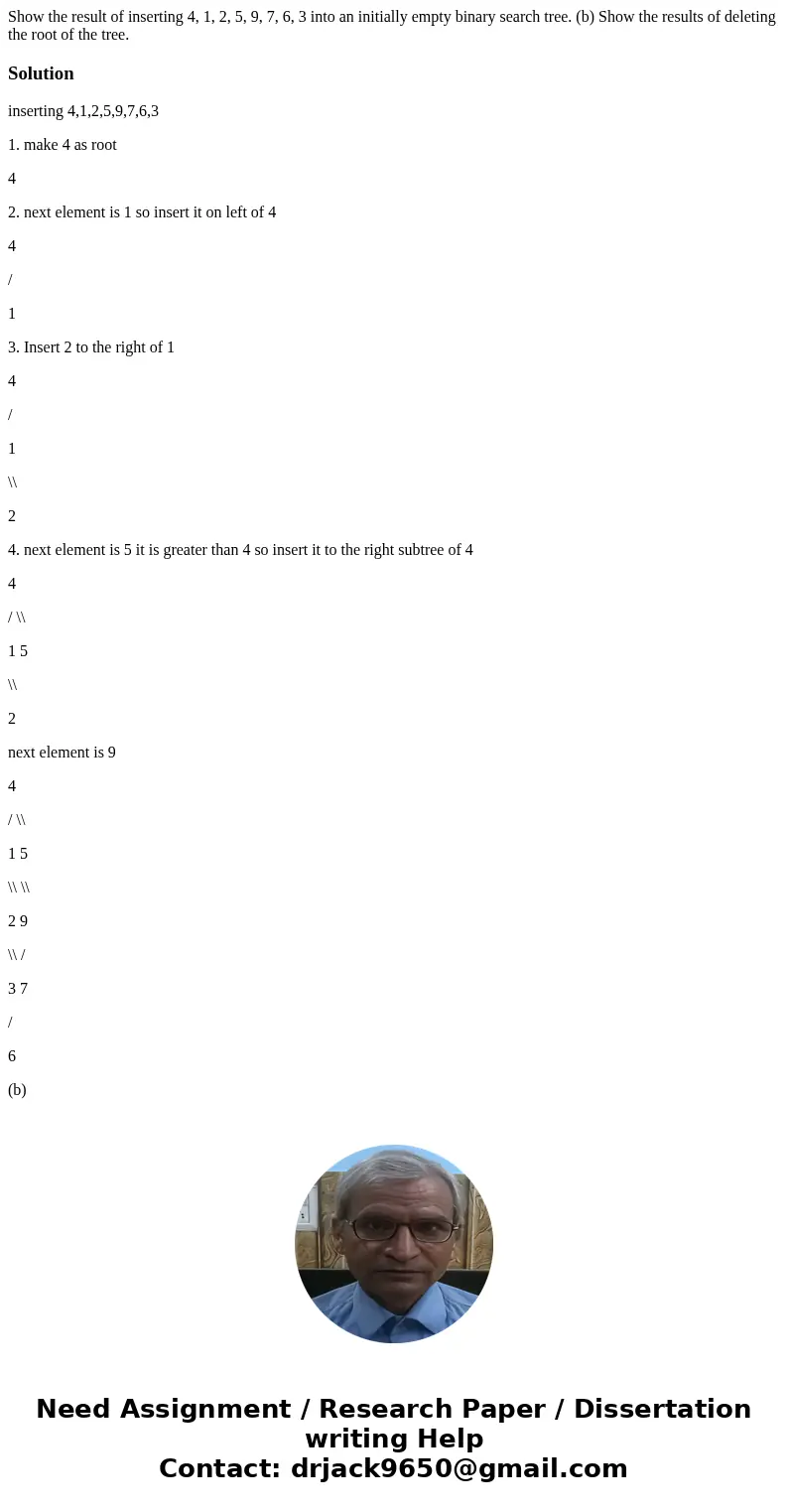 Show the result of inserting 4, 1, 2, 5, 9, 7, 6, 3 into an initially empty binary search tree. (b) Show the results of deleting the root of the tree.Solutionin Show the result of inserting 4, 1, 2, 5, 9, 7, 6, 3 into an initially empty binary search tree. (b) Show the results of deleting the root of the tree.Solutionin