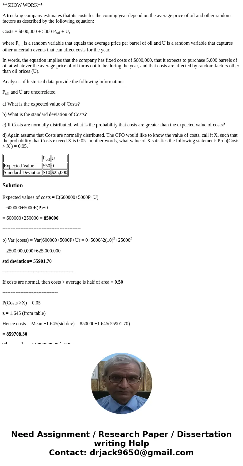 **SHOW WORK** A trucking company estimates that its costs for the coming year depend on the average price of oil and other random factors as described by the fo