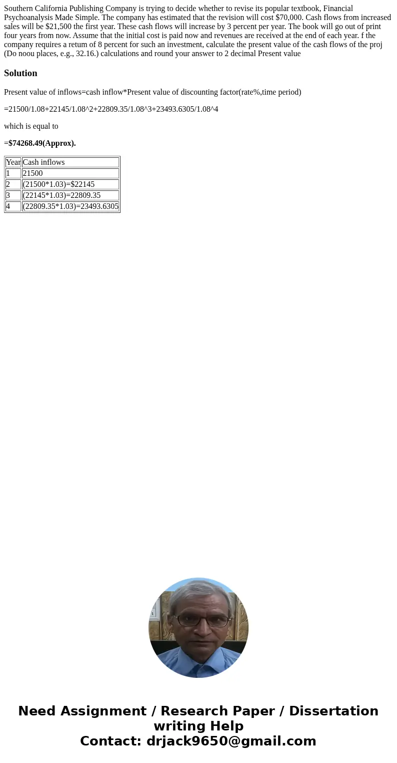 Southern California Publishing Company is trying to decide whether to revise its popular textbook, Financial Psychoanalysis Made Simple. The company has estima  Southern California Publishing Company is trying to decide whether to revise its popular textbook, Financial Psychoanalysis Made Simple. The company has estima