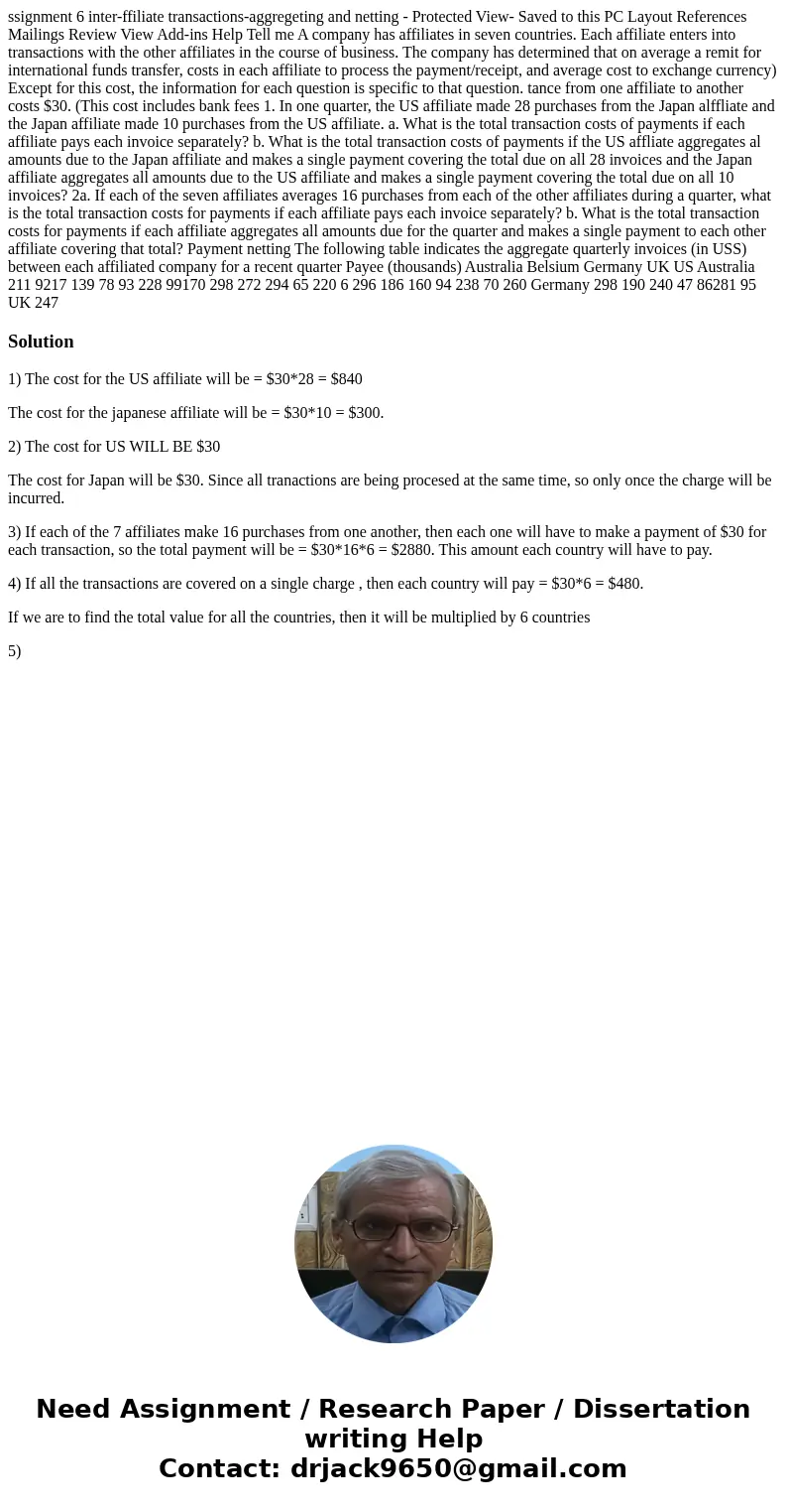  ssignment 6 inter-ffiliate transactions-aggregeting and netting - Protected View- Saved to this PC Layout References Mailings Review View Add-ins Help Tell me 