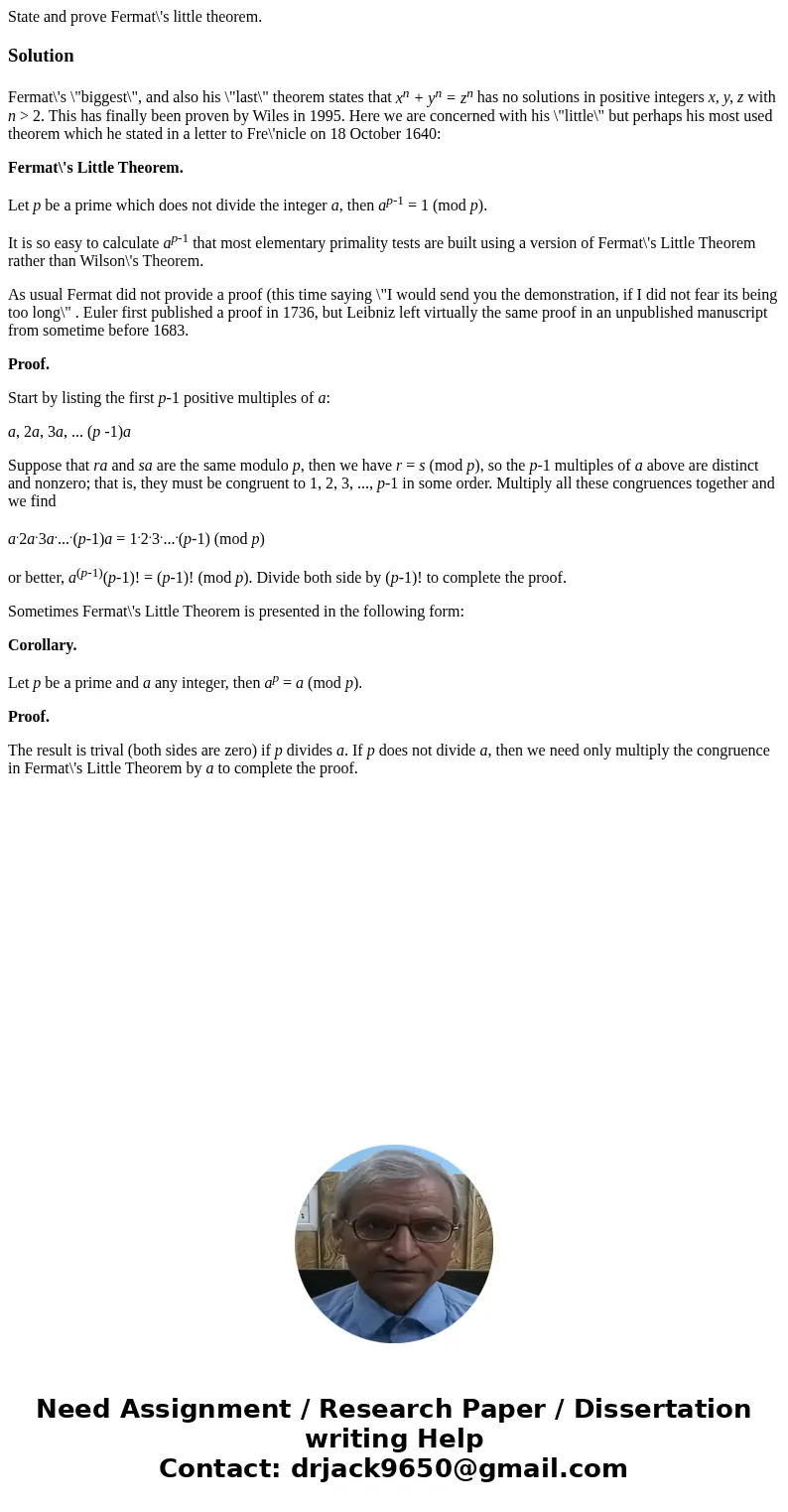  State and prove Fermat\'s little theorem.SolutionFermat\'s \
