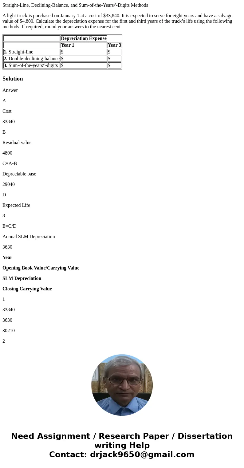 Straight-Line, Declining-Balance, and Sum-of-the-Years\'-Digits Methods A light truck is purchased on January 1 at a cost of $33,840. It is expected to serve fo