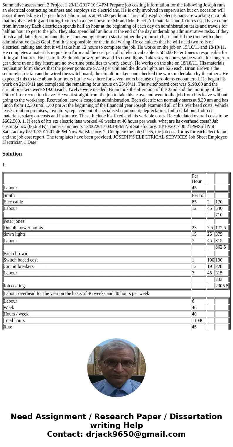  Summative assessment 2 Project 1 23/11/2017 10:14PM Prepare job costing information for the following Joseph runs an electrical contracting business and employ