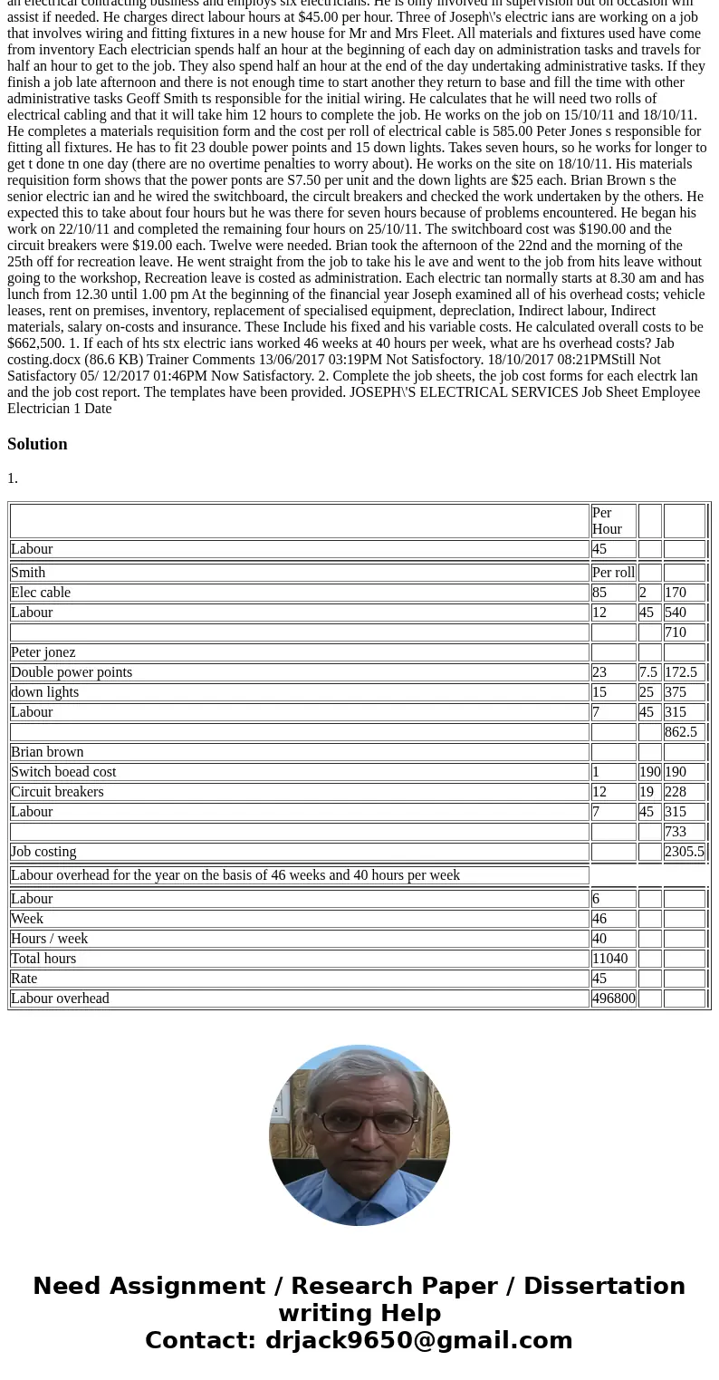  Summative assessment 2 Project 1 23/11/2017 10:14PM Prepare job costing information for the following Joseph runs an electrical contracting business and employ