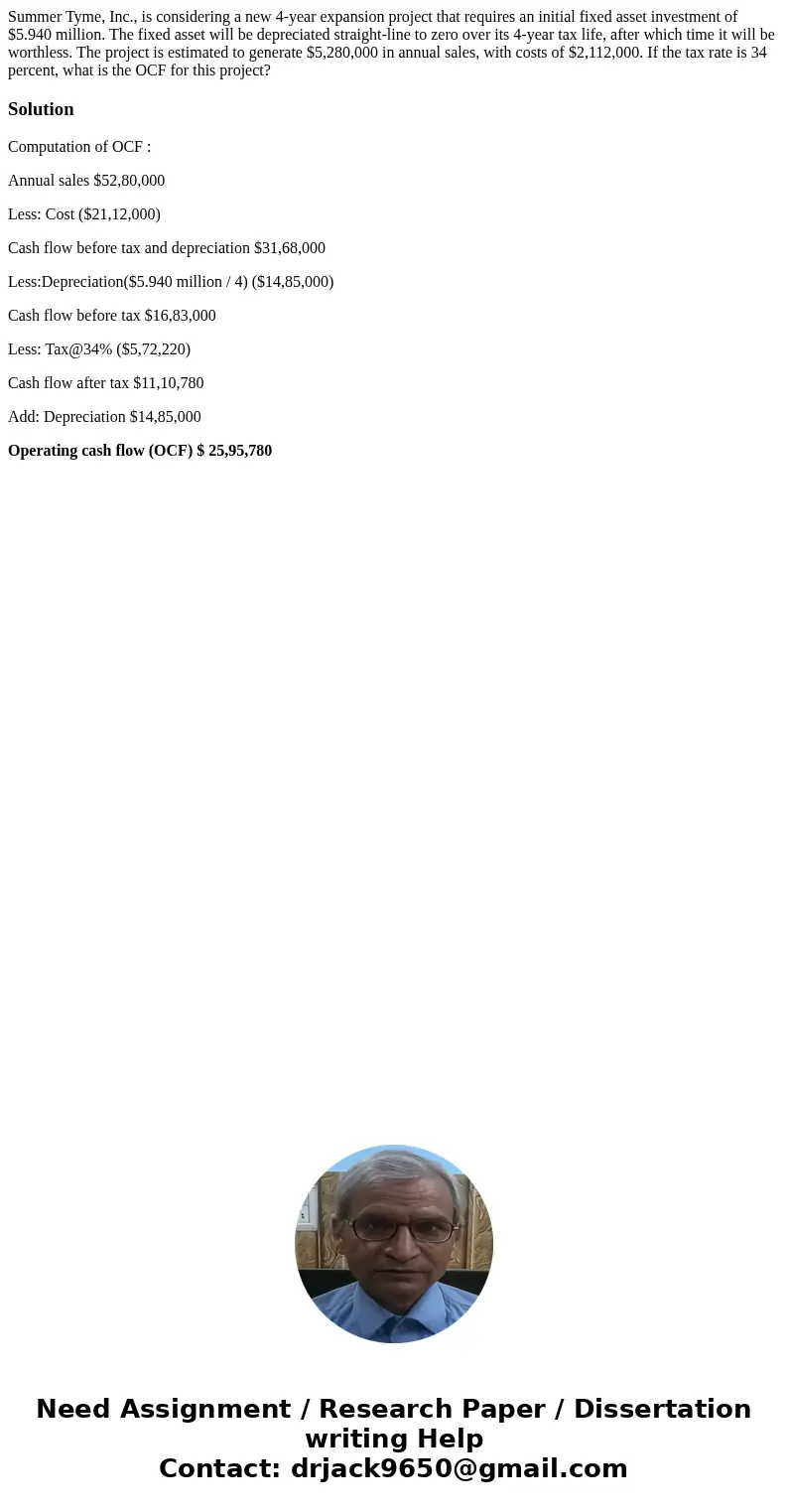 Summer Tyme, Inc., is considering a new 4-year expansion project that requires an initial fixed asset investment of $5.940 million. The fixed asset will be depr Summer Tyme, Inc., is considering a new 4-year expansion project that requires an initial fixed asset investment of $5.940 million. The fixed asset will be depr