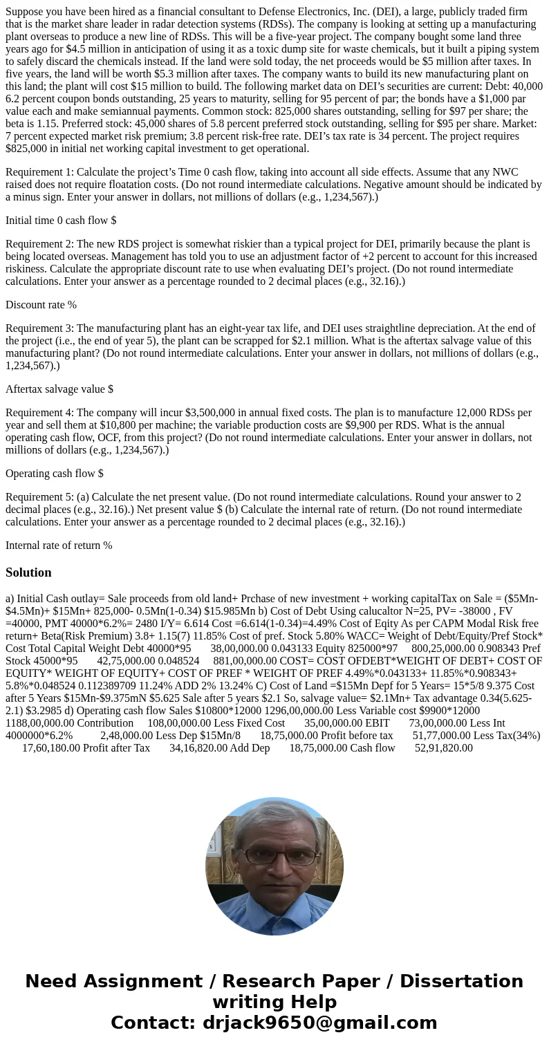 Suppose you have been hired as a financial consultant to Defense Electronics, Inc. (DEI), a large, publicly traded firm that is the market share leader in radar Suppose you have been hired as a financial consultant to Defense Electronics, Inc. (DEI), a large, publicly traded firm that is the market share leader in radar
