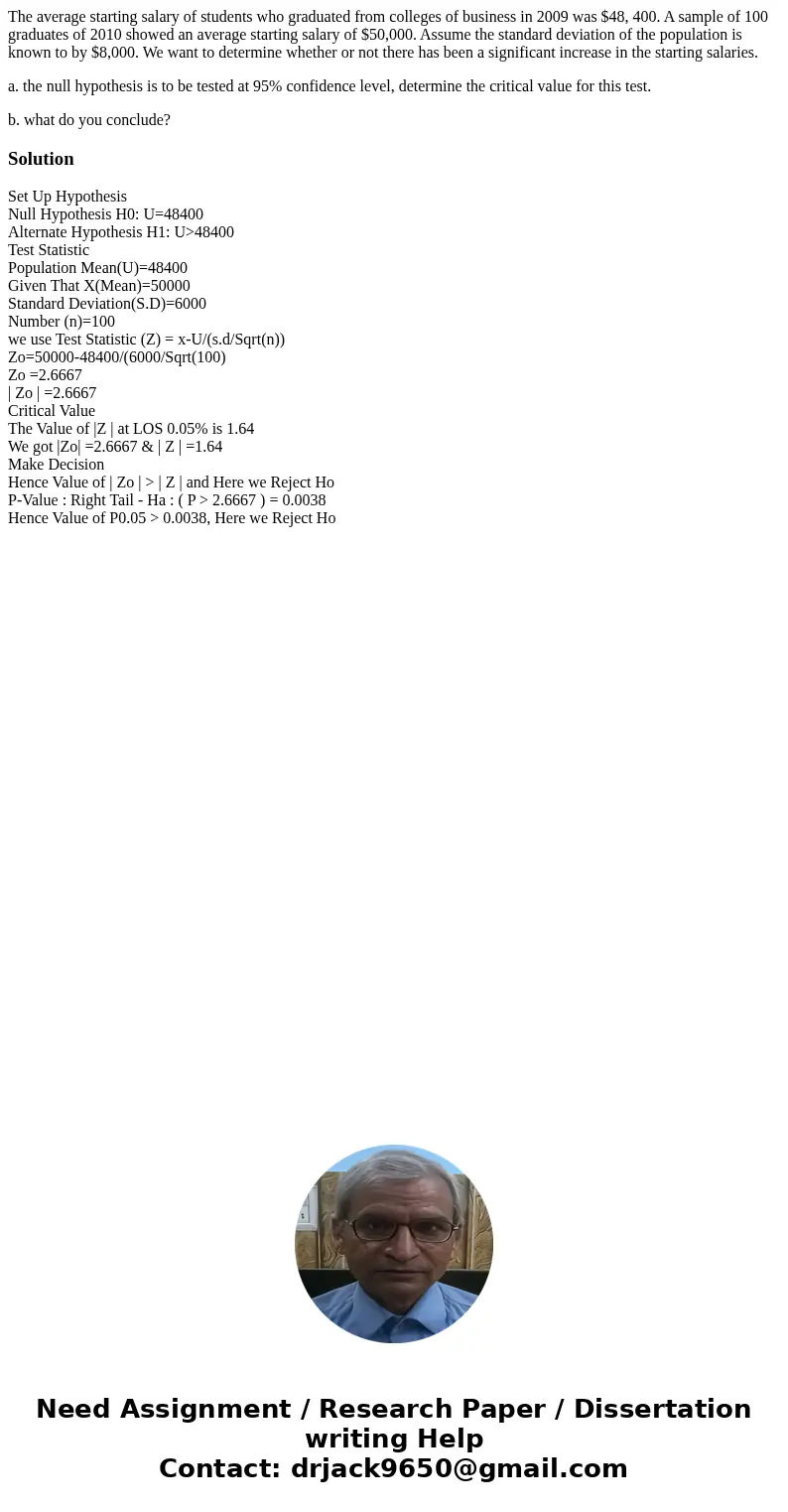 The average starting salary of students who graduated from colleges of business in 2009 was $48, 400. A sample of 100 graduates of 2010 showed an average starti The average starting salary of students who graduated from colleges of business in 2009 was $48, 400. A sample of 100 graduates of 2010 showed an average starti