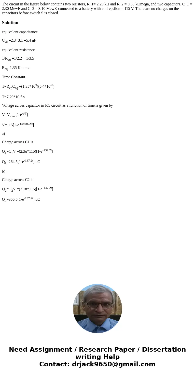 The circuit in the figure below contains two resistors, R_1= 2.20 kH and R_2 = 3.50 kOmega, and two capacitors, C_1 = 2.30 MewF and C_2 = 3.10 MewF, connected   The circuit in the figure below contains two resistors, R_1= 2.20 kH and R_2 = 3.50 kOmega, and two capacitors, C_1 = 2.30 MewF and C_2 = 3.10 MewF, connected