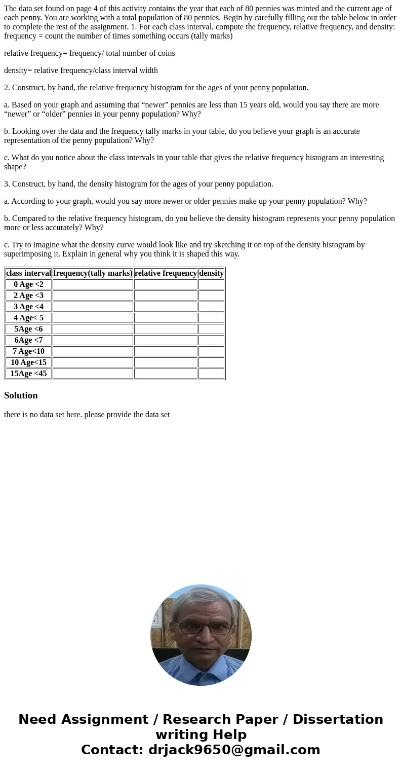 The data set found on page 4 of this activity contains the year that each of 80 pennies was minted and the current age of each penny. You are working with a tot The data set found on page 4 of this activity contains the year that each of 80 pennies was minted and the current age of each penny. You are working with a tot