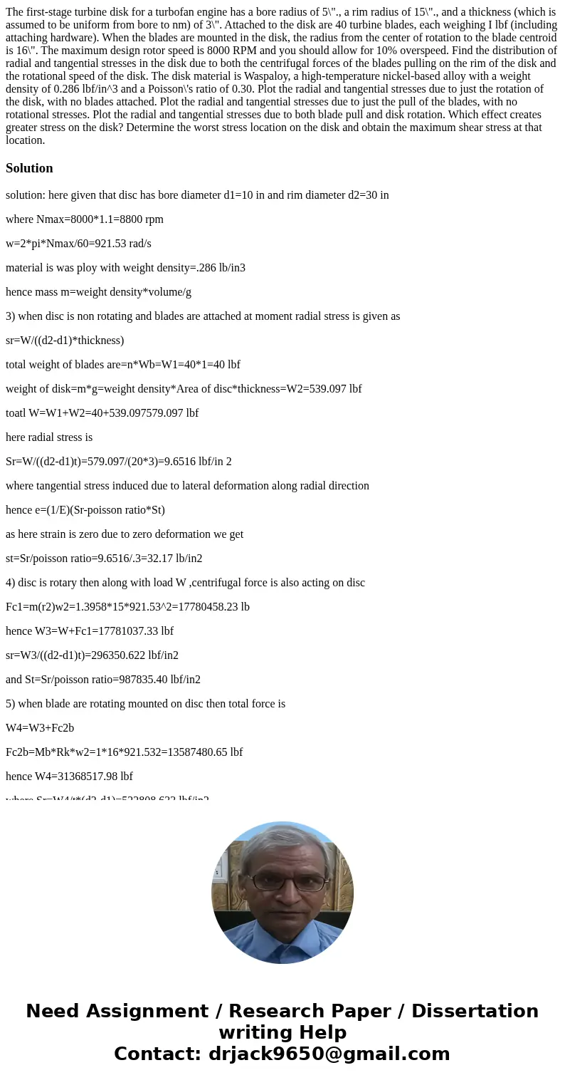  The first-stage turbine disk for a turbofan engine has a bore radius of 5\