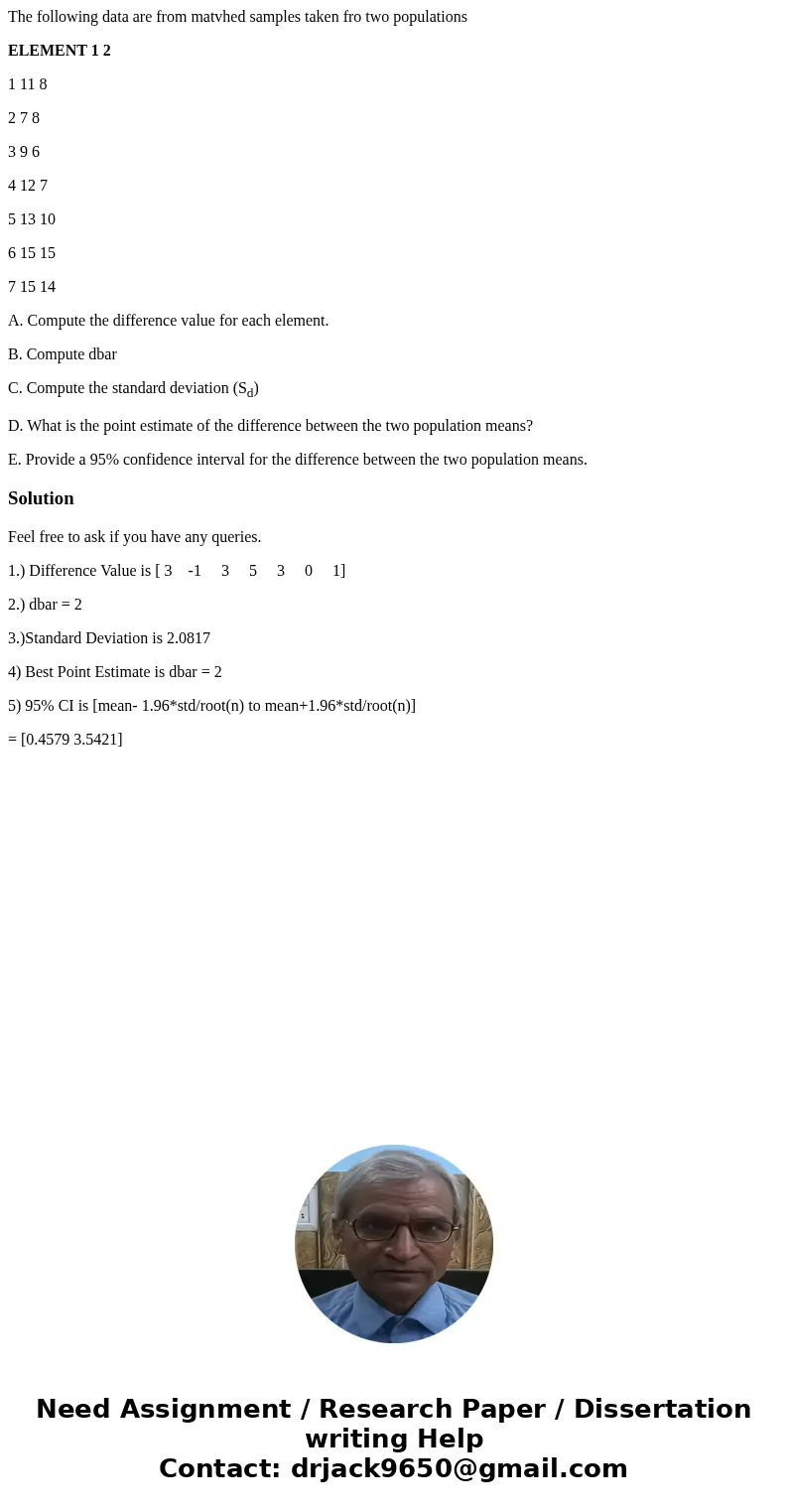 The following data are from matvhed samples taken fro two populations ELEMENT 1 2 1 11 8 2 7 8 3 9 6 4 12 7 5 13 10 6 15 15 7 15 14 A. Compute the difference va The following data are from matvhed samples taken fro two populations ELEMENT 1 2 1 11 8 2 7 8 3 9 6 4 12 7 5 13 10 6 15 15 7 15 14 A. Compute the difference va