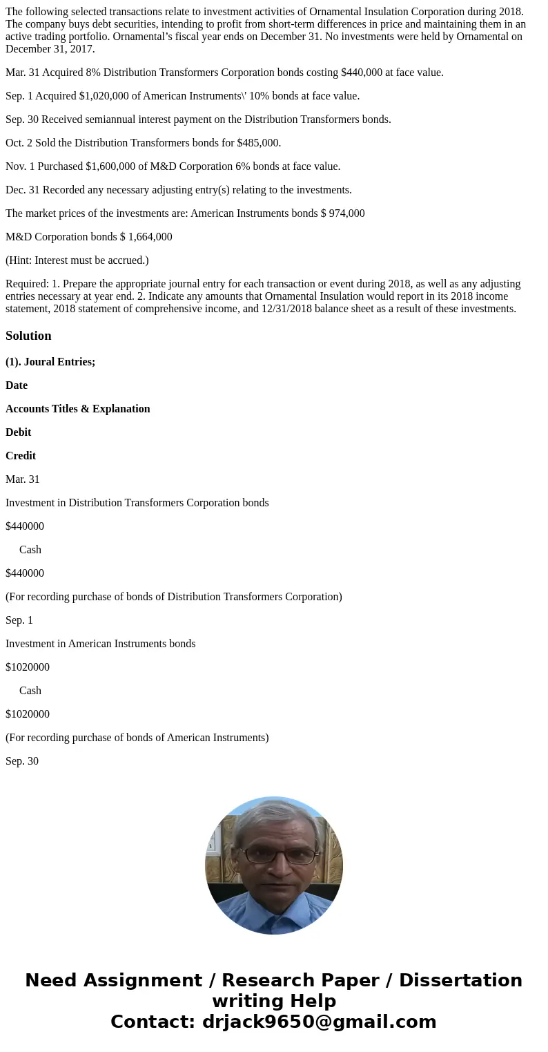 The following selected transactions relate to investment activities of Ornamental Insulation Corporation during 2018. The company buys debt securities, intendin The following selected transactions relate to investment activities of Ornamental Insulation Corporation during 2018. The company buys debt securities, intendin