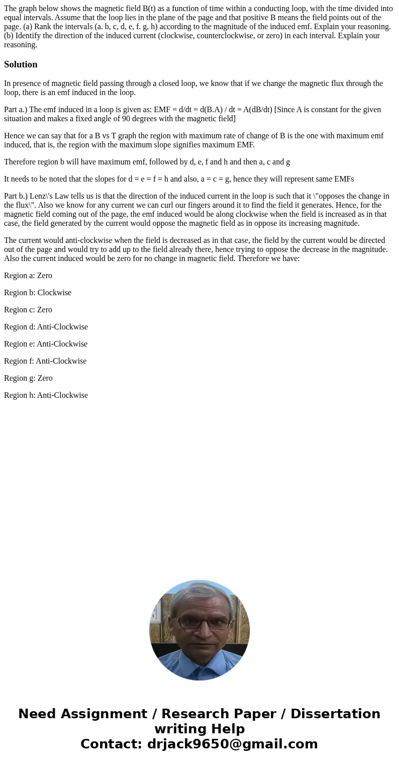The graph below shows the magnetic field B(t) as a function of time within a conducting loop, with the time divided into equal intervals. Assume that the loop   The graph below shows the magnetic field B(t) as a function of time within a conducting loop, with the time divided into equal intervals. Assume that the loop