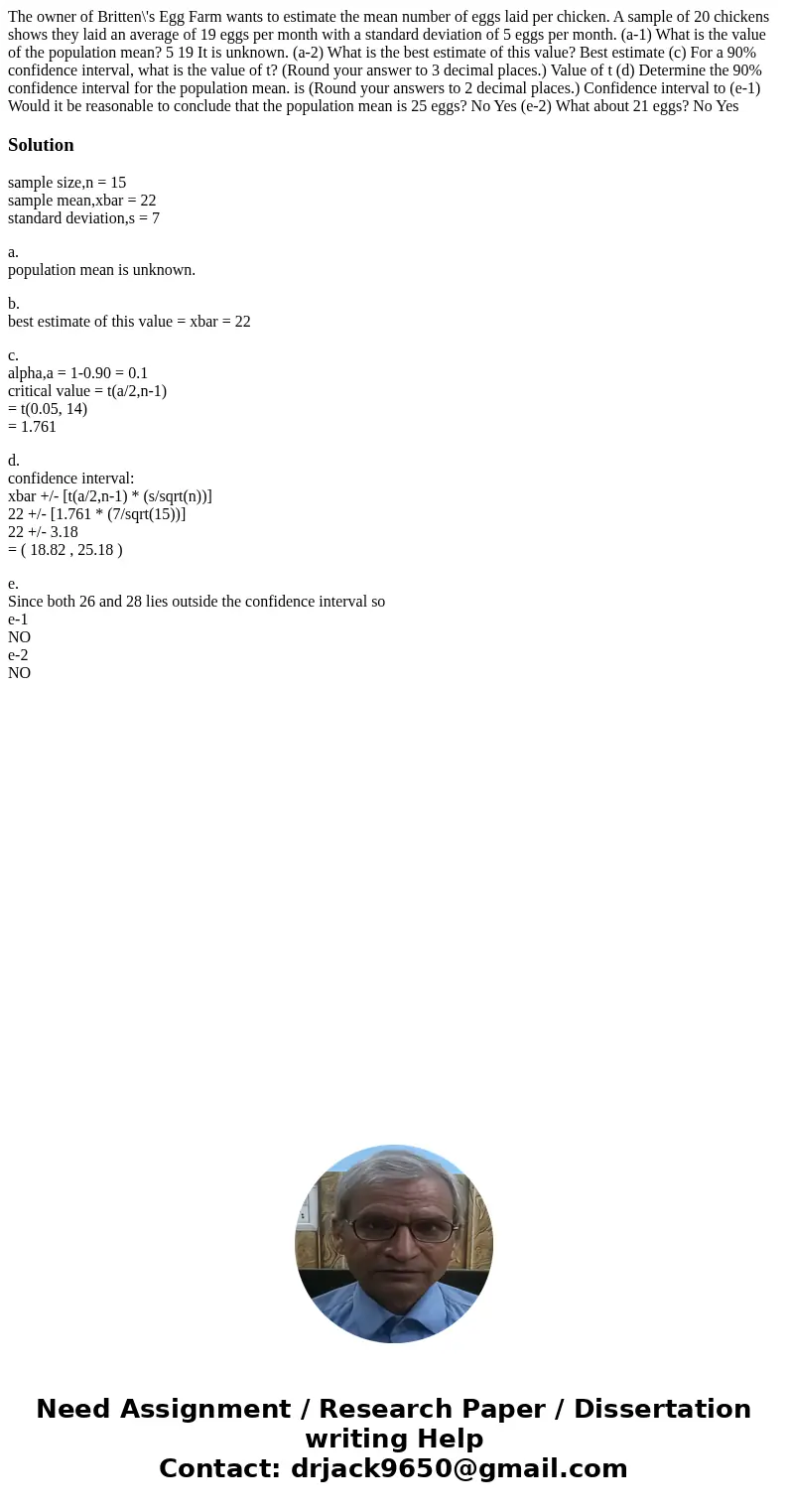 The owner of Britten\'s Egg Farm wants to estimate the mean number of eggs laid per chicken. A sample of 20 chickens shows they laid an average of 19 eggs per m The owner of Britten\'s Egg Farm wants to estimate the mean number of eggs laid per chicken. A sample of 20 chickens shows they laid an average of 19 eggs per m