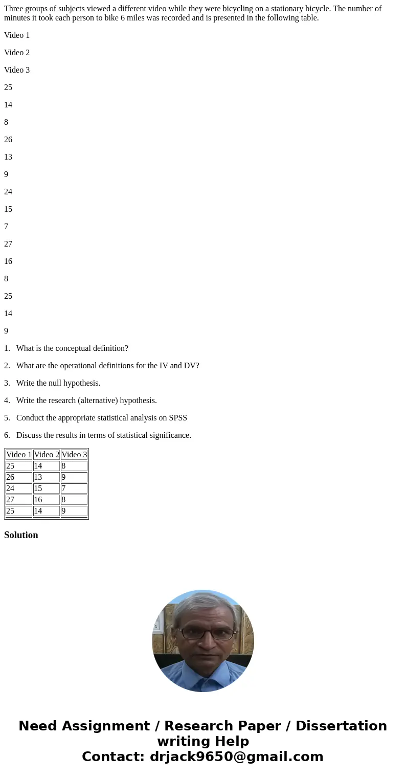 Three groups of subjects viewed a different video while they were bicycling on a stationary bicycle. The number of minutes it took each person to bike 6 miles w Three groups of subjects viewed a different video while they were bicycling on a stationary bicycle. The number of minutes it took each person to bike 6 miles w