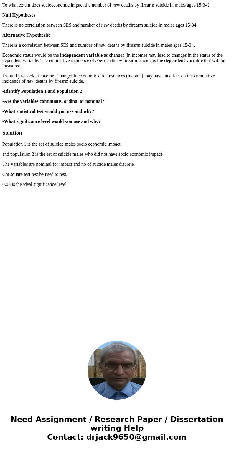 To what extent does socioeconomic impact the number of new deaths by firearm suicide in males ages 15-34? Null Hypotheses There is no correlation between SES an To what extent does socioeconomic impact the number of new deaths by firearm suicide in males ages 15-34? Null Hypotheses There is no correlation between SES an