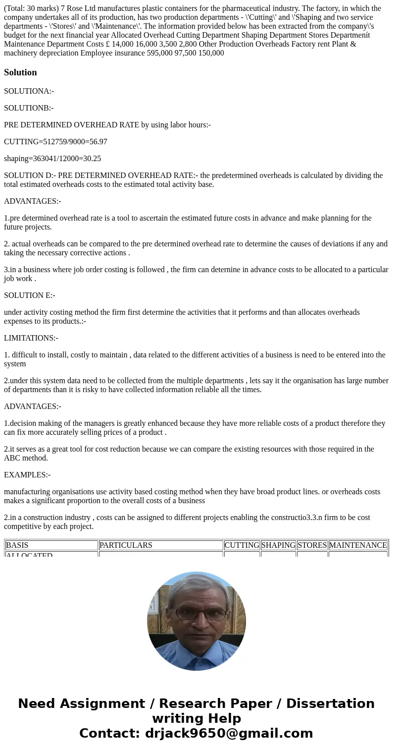 (Total: 30 marks) 7 Rose Ltd manufactures plastic containers for the pharmaceutical industry. The factory, in which the company undertakes all of its productio  (Total: 30 marks) 7 Rose Ltd manufactures plastic containers for the pharmaceutical industry. The factory, in which the company undertakes all of its productio