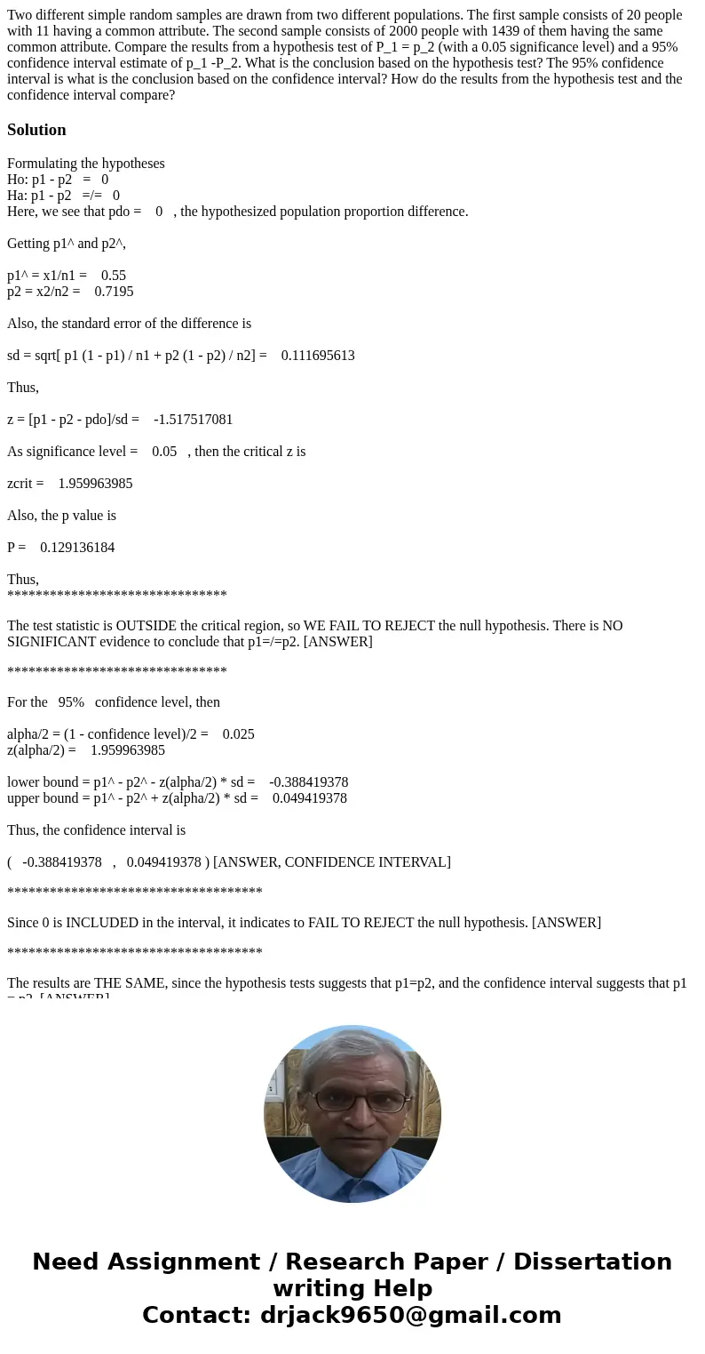 Two different simple random samples are drawn from two different populations. The first sample consists of 20 people with 11 having a common attribute. The sec  Two different simple random samples are drawn from two different populations. The first sample consists of 20 people with 11 having a common attribute. The sec