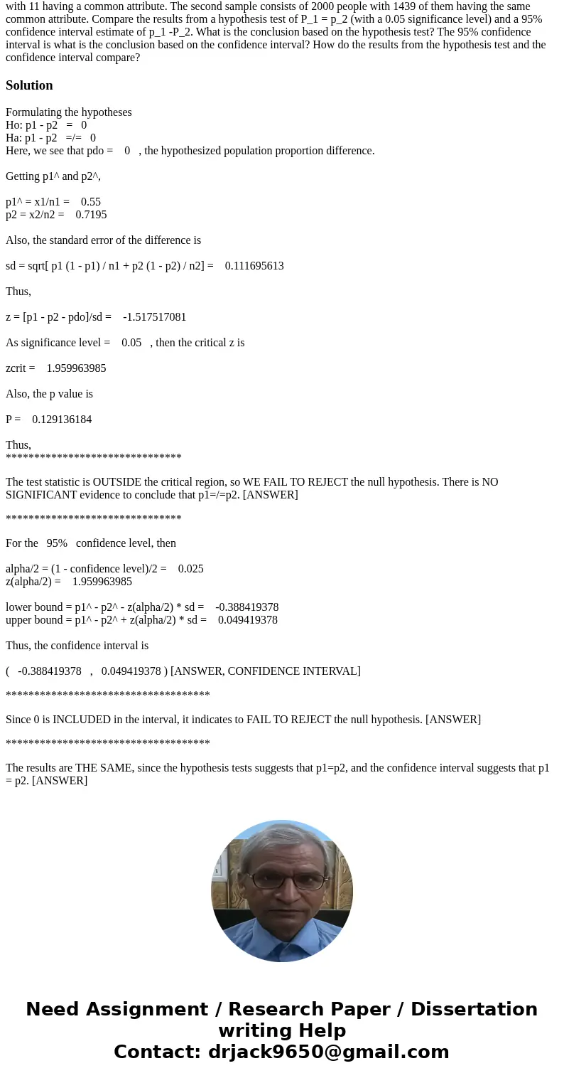 Two different simple random samples are drawn from two different populations. The first sample consists of 20 people with 11 having a common attribute. The sec  Two different simple random samples are drawn from two different populations. The first sample consists of 20 people with 11 having a common attribute. The sec