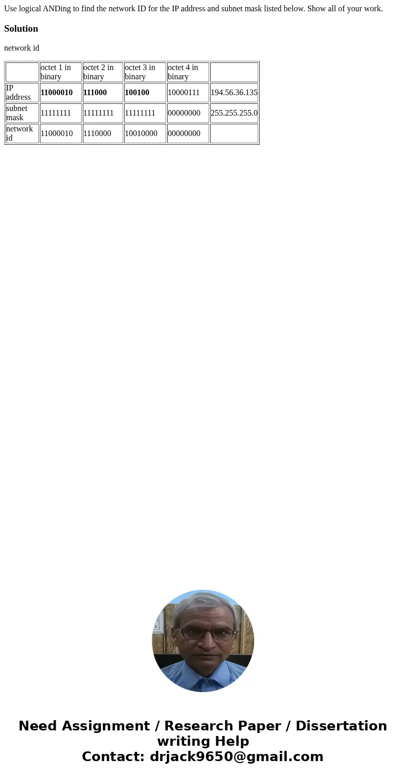 Use logical ANDing to find the network ID for the IP address and subnet mask listed below. Show all of your work. Solutionnetwork id octet 1 in binary octet 2   Use logical ANDing to find the network ID for the IP address and subnet mask listed below. Show all of your work. Solutionnetwork id octet 1 in binary octet 2