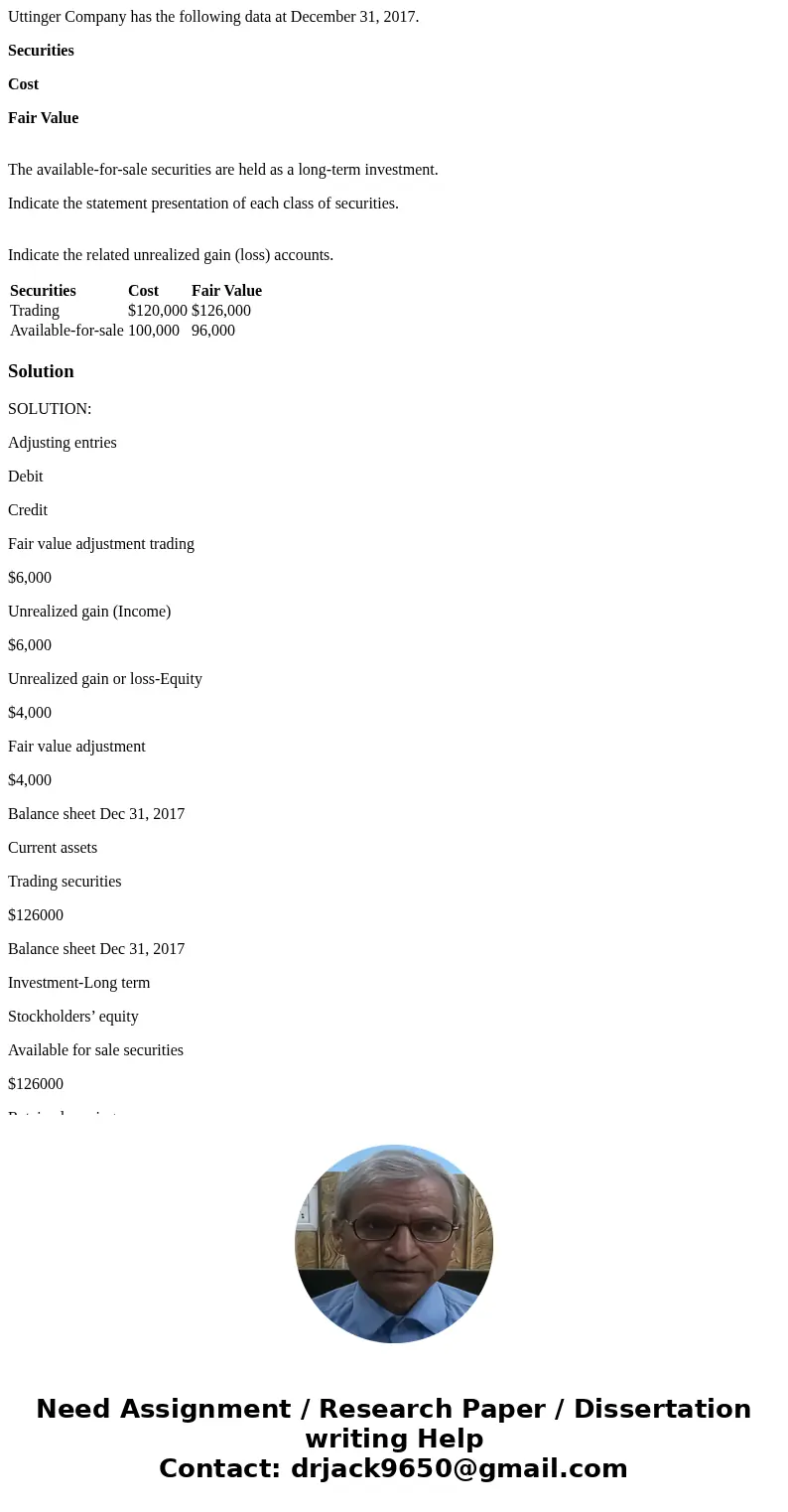 Uttinger Company has the following data at December 31, 2017. Securities Cost Fair Value The available-for-sale securities are held as a long-term investment. I Uttinger Company has the following data at December 31, 2017. Securities Cost Fair Value The available-for-sale securities are held as a long-term investment. I