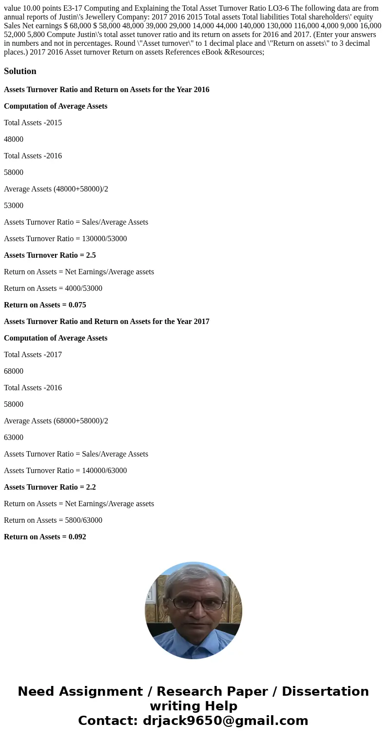  value 10.00 points E3-17 Computing and Explaining the Total Asset Turnover Ratio LO3-6 The following data are from annual reports of Justin\'s Jewellery Compan