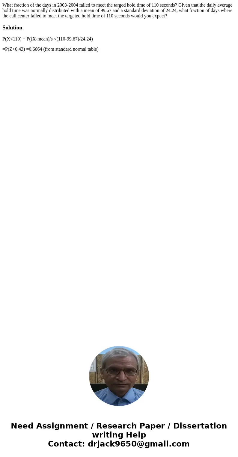 What fraction of the days in 2003-2004 failed to meet the targed hold time of 110 seconds? Given that the daily average hold time was normally distributed with  What fraction of the days in 2003-2004 failed to meet the targed hold time of 110 seconds? Given that the daily average hold time was normally distributed with