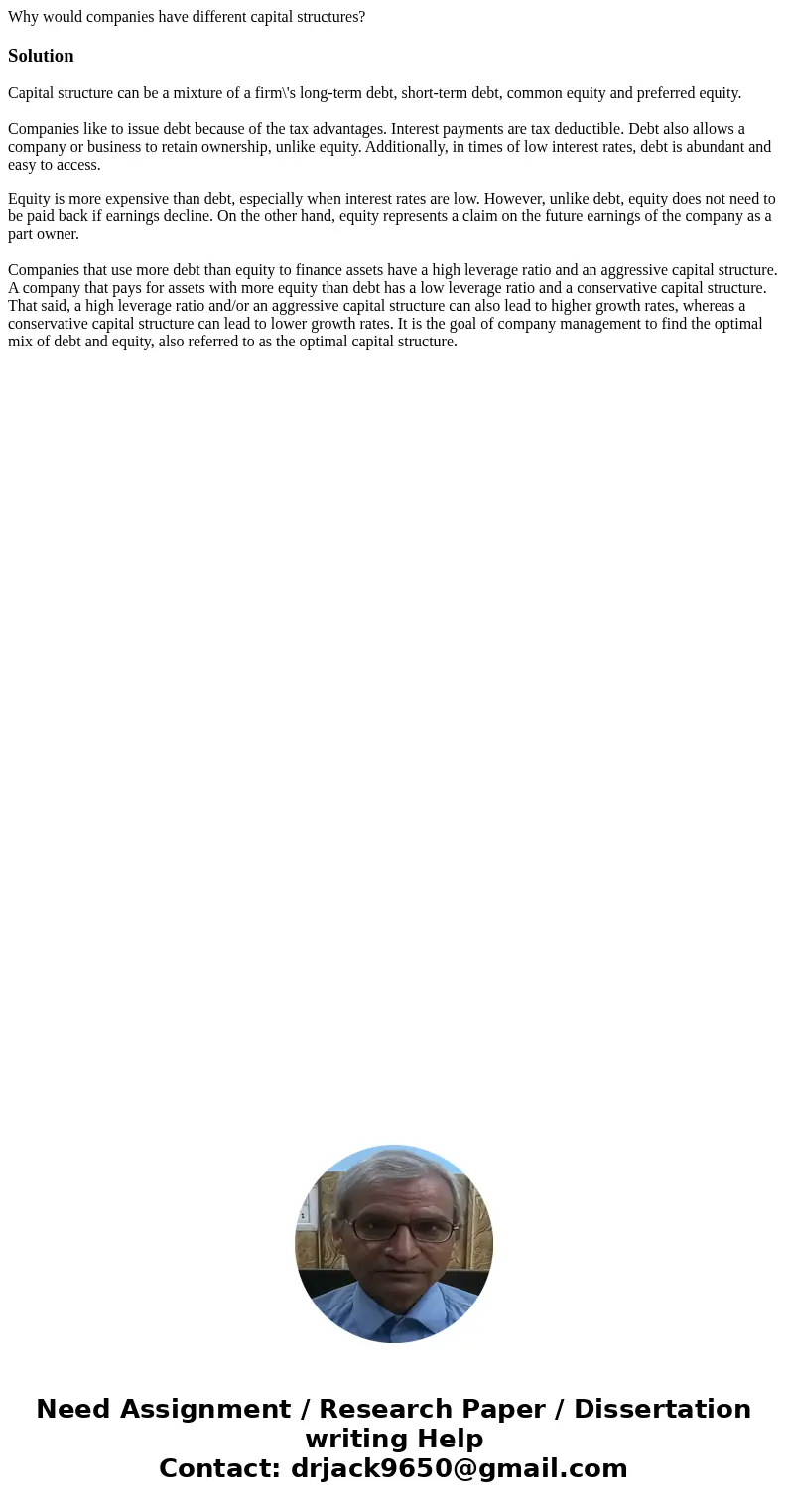 Why would companies have different capital structures?SolutionCapital structure can be a mixture of a firm\'s long-term debt, short-term debt, common equity and Why would companies have different capital structures?SolutionCapital structure can be a mixture of a firm\'s long-term debt, short-term debt, common equity and