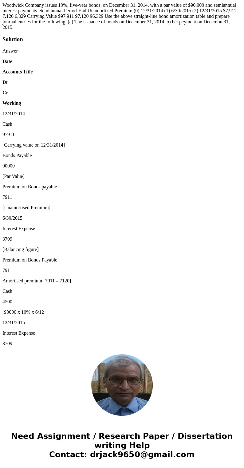Woodwick Company issues 10%, five-year bonds, on December 31, 2014, with a par value of $90,000 and semiannual interest payments. Semiannual Period-End Unamort  Woodwick Company issues 10%, five-year bonds, on December 31, 2014, with a par value of $90,000 and semiannual interest payments. Semiannual Period-End Unamort