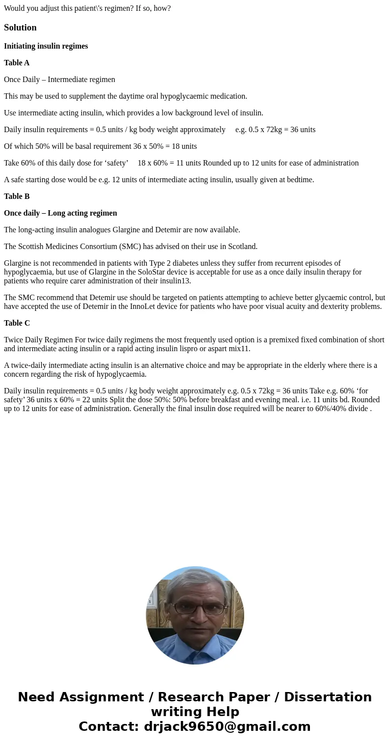 Would you adjust this patient\'s regimen? If so, how?SolutionInitiating insulin regimes Table A Once Daily – Intermediate regimen This may be used to supplemen  Would you adjust this patient\'s regimen? If so, how?SolutionInitiating insulin regimes Table A Once Daily – Intermediate regimen This may be used to supplemen