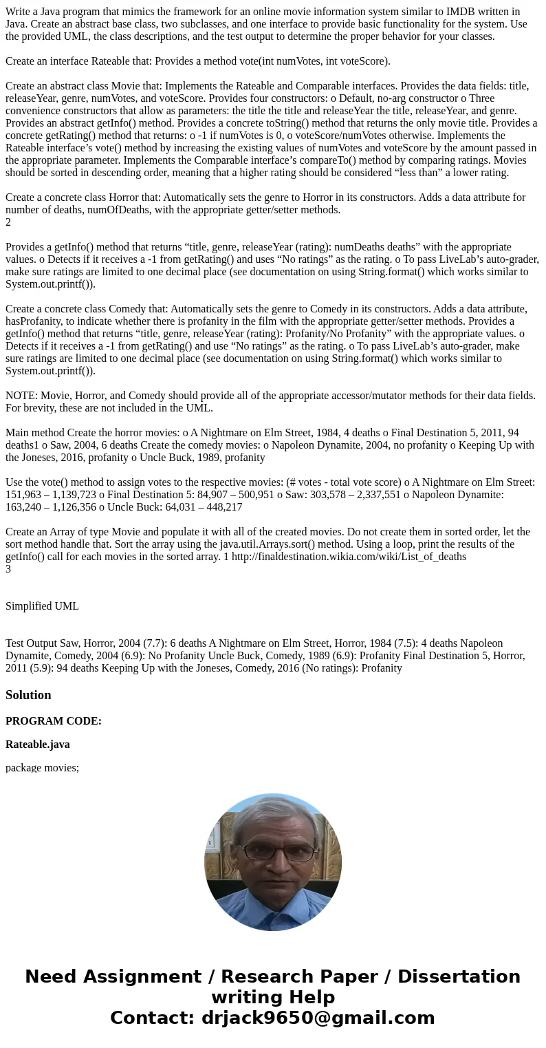 Write a Java program that mimics the framework for an online movie information system similar to IMDB written in Java. Create an abstract base class, two subcla
