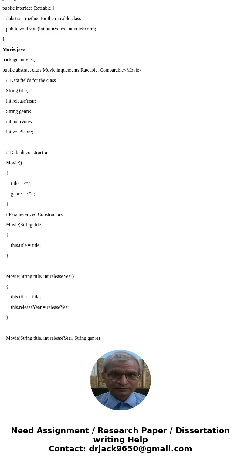 Write a Java program that mimics the framework for an online movie information system similar to IMDB written in Java. Create an abstract base class, two subcla