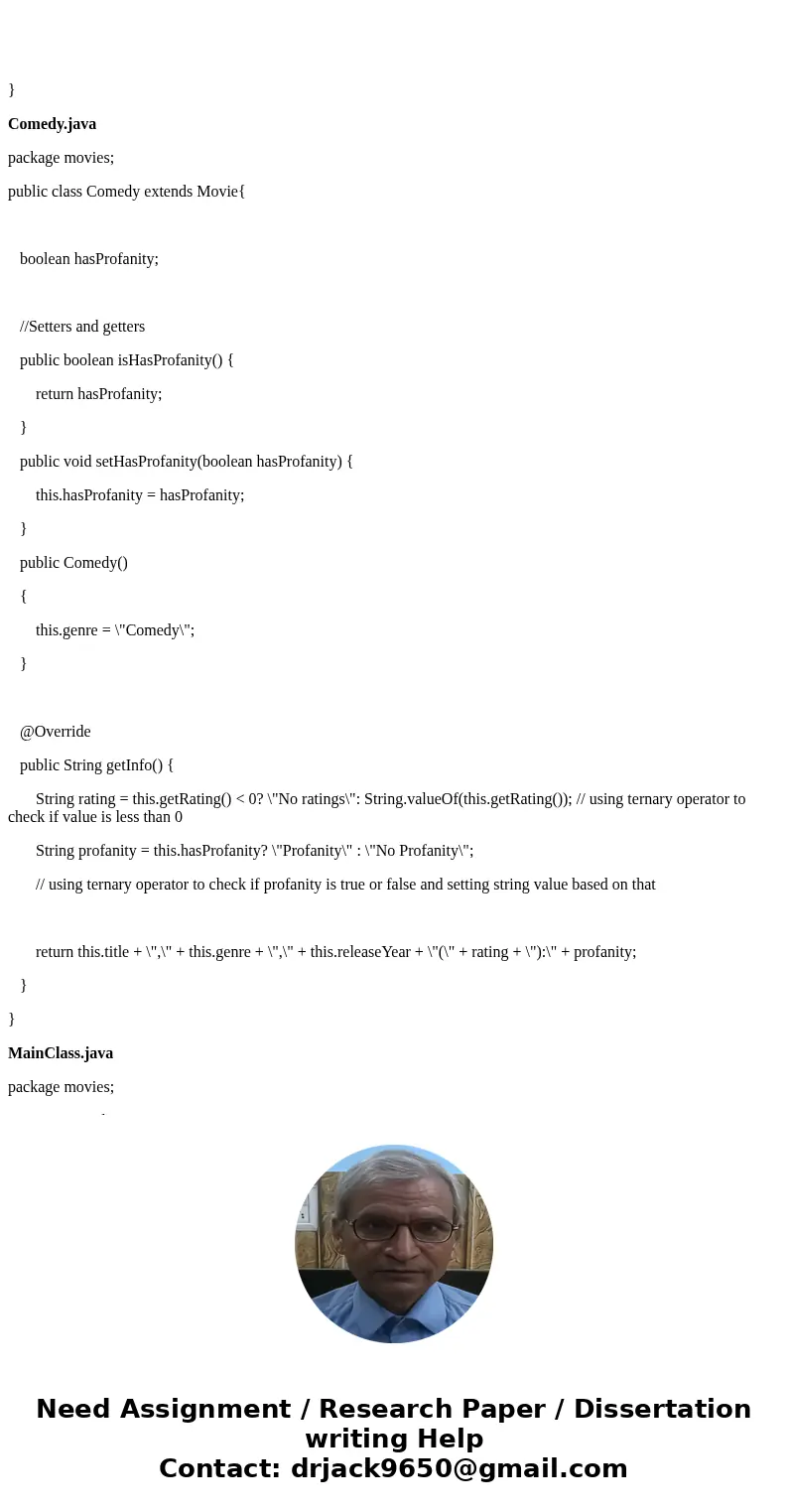 Write a Java program that mimics the framework for an online movie information system similar to IMDB written in Java. Create an abstract base class, two subcla