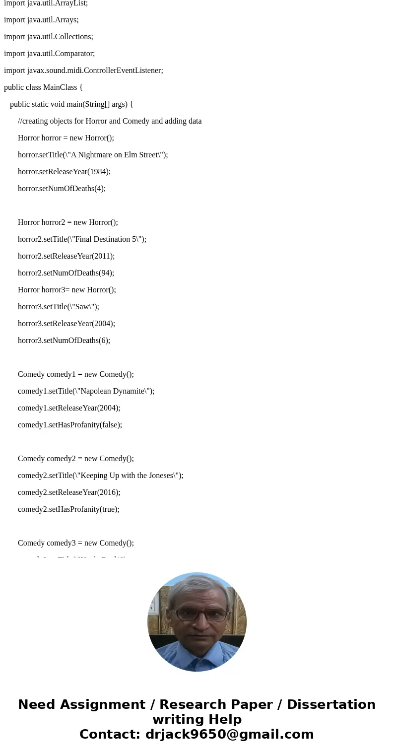 Write a Java program that mimics the framework for an online movie information system similar to IMDB written in Java. Create an abstract base class, two subcla