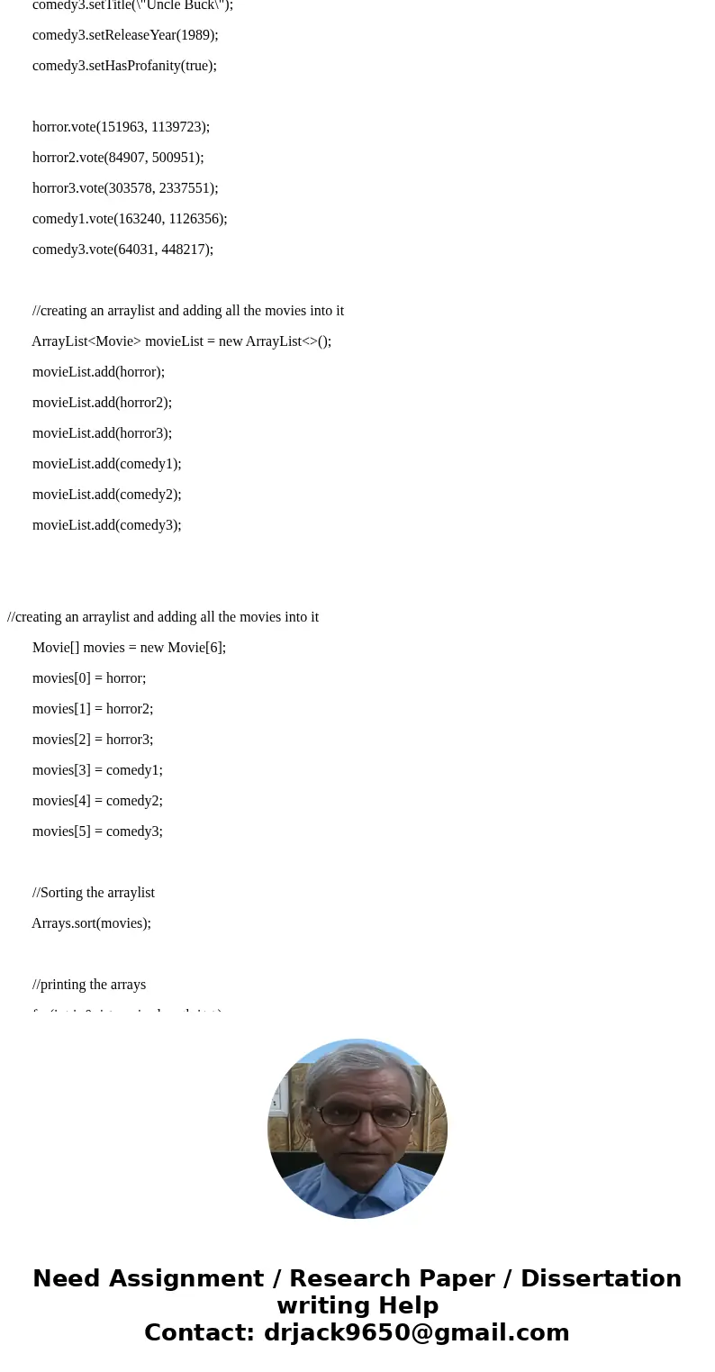 Write a Java program that mimics the framework for an online movie information system similar to IMDB written in Java. Create an abstract base class, two subcla