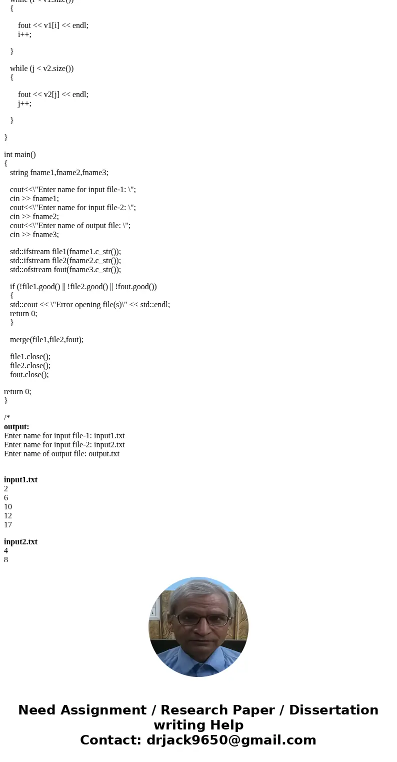  Write a program that merges the integer numbers in two sorted files and writes all the numbers in two a third file. Your program should prompt the user for the