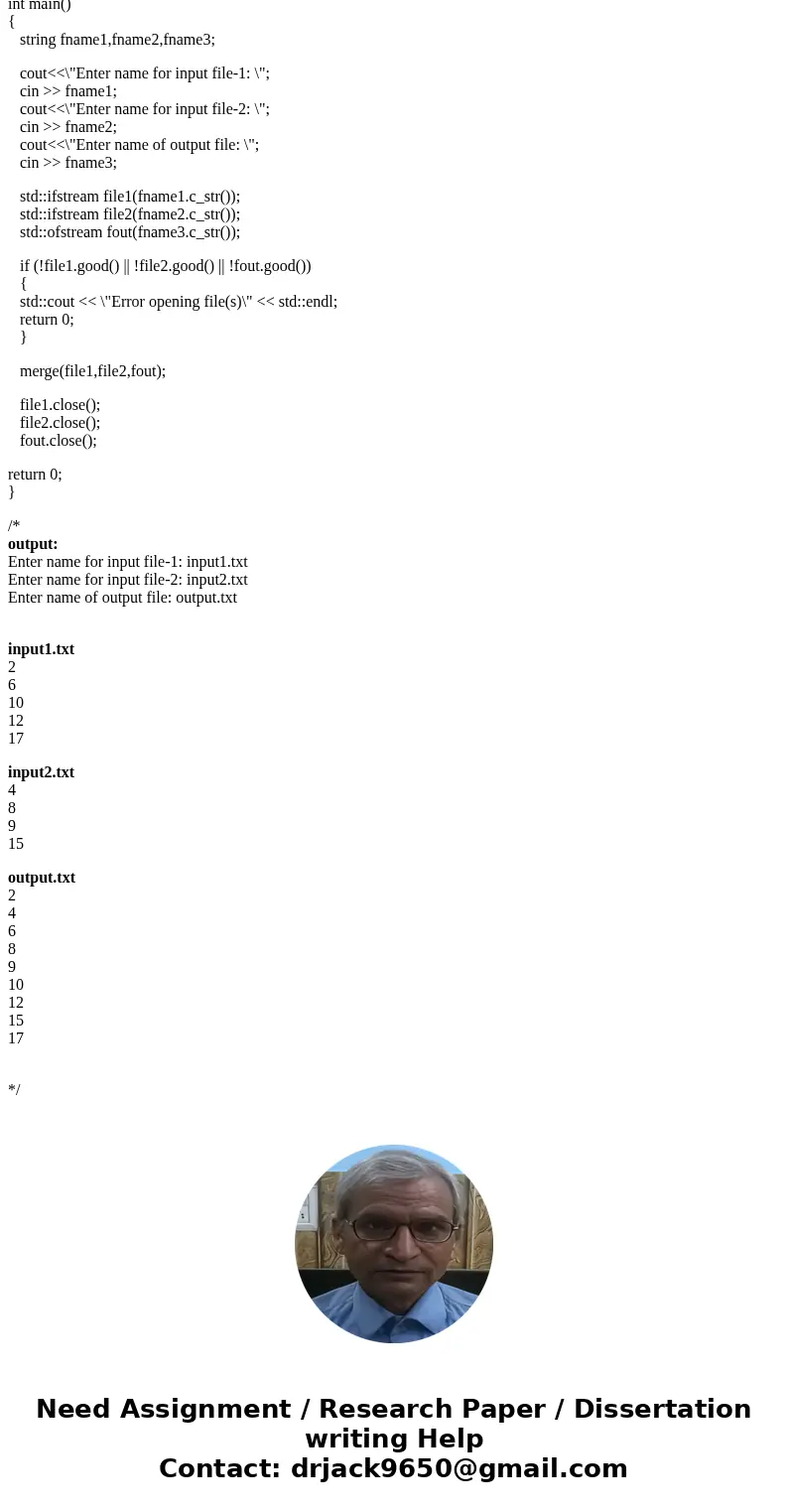  Write a program that merges the integer numbers in two sorted files and writes all the numbers in two a third file. Your program should prompt the user for the