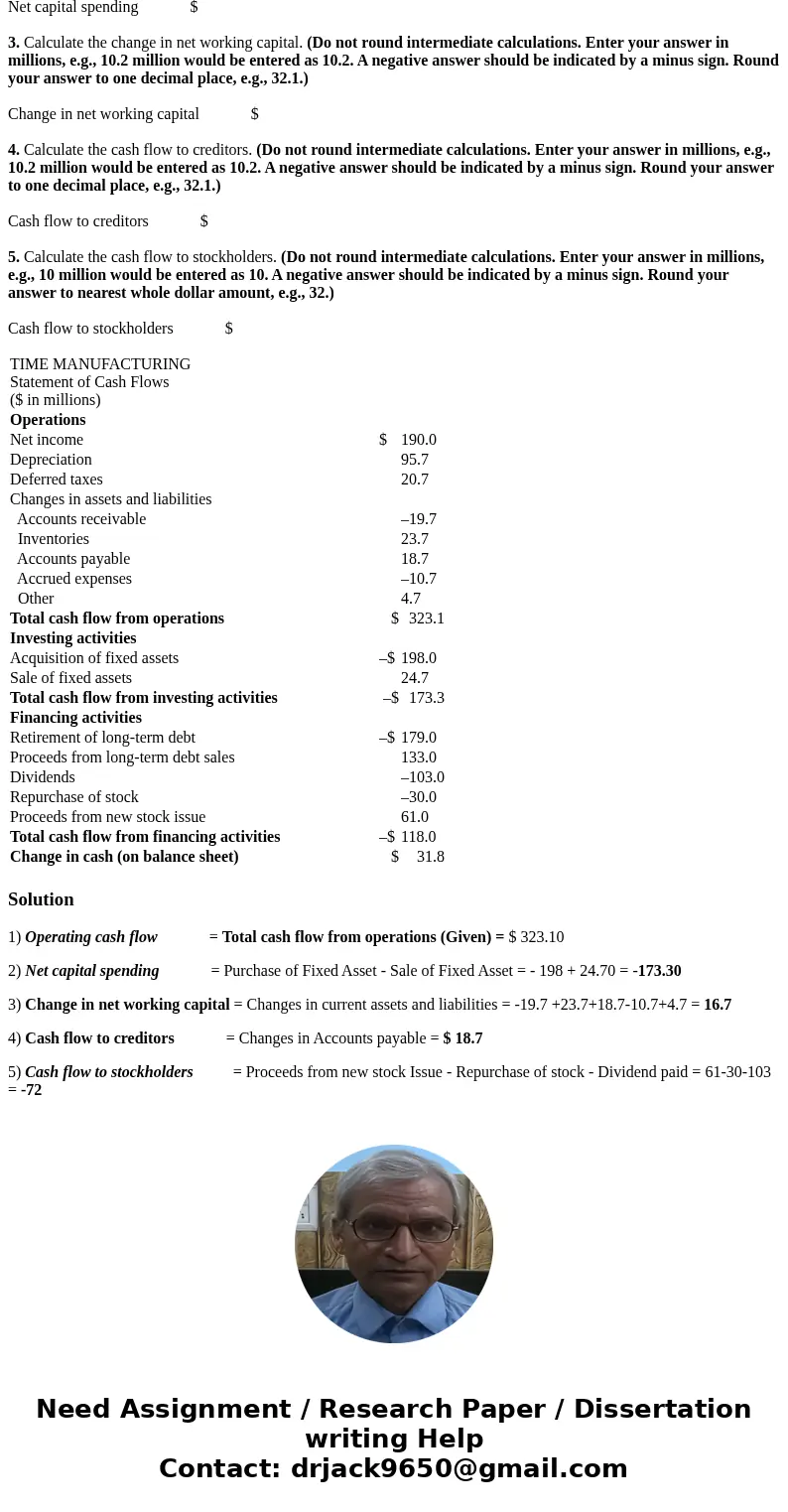 You are researching Time Manufacturing and have found the following accounting statement of cash flows for the most recent year. You also know that the company 