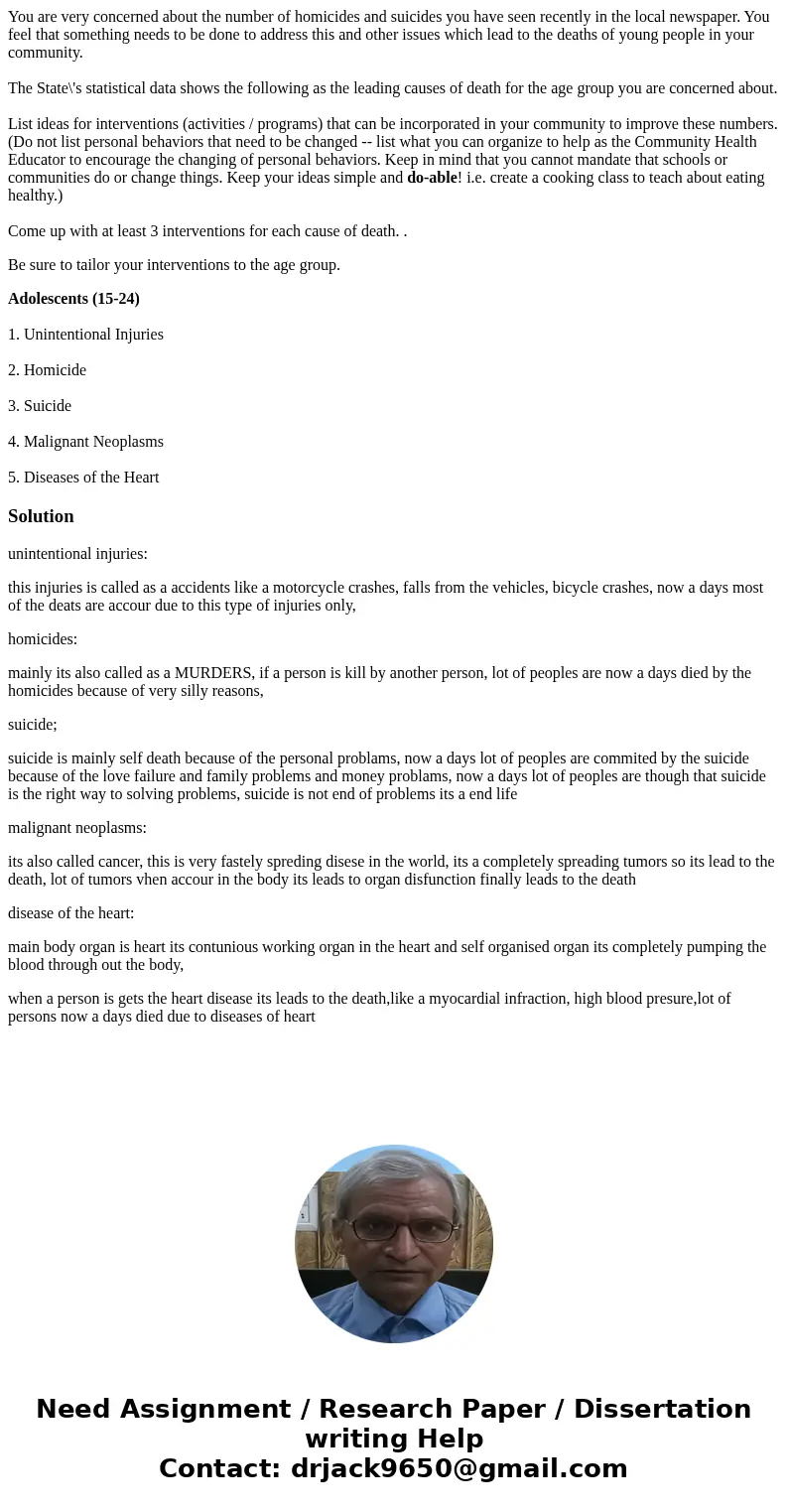 You are very concerned about the number of homicides and suicides you have seen recently in the local newspaper. You feel that something needs to be done to add You are very concerned about the number of homicides and suicides you have seen recently in the local newspaper. You feel that something needs to be done to add