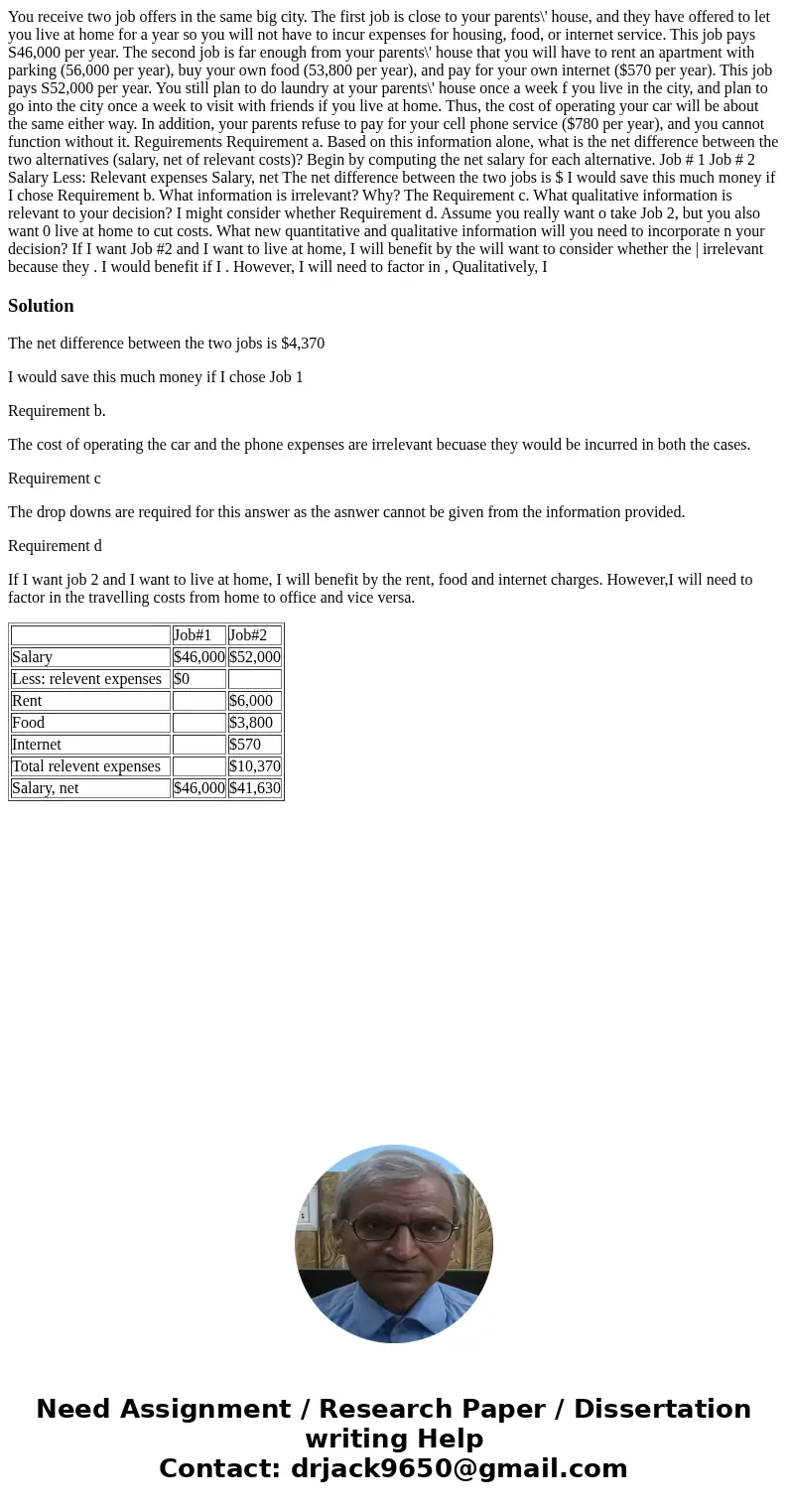 You receive two job offers in the same big city. The first job is close to your parents\' house, and they have offered to let you live at home for a year so yo  You receive two job offers in the same big city. The first job is close to your parents\' house, and they have offered to let you live at home for a year so yo