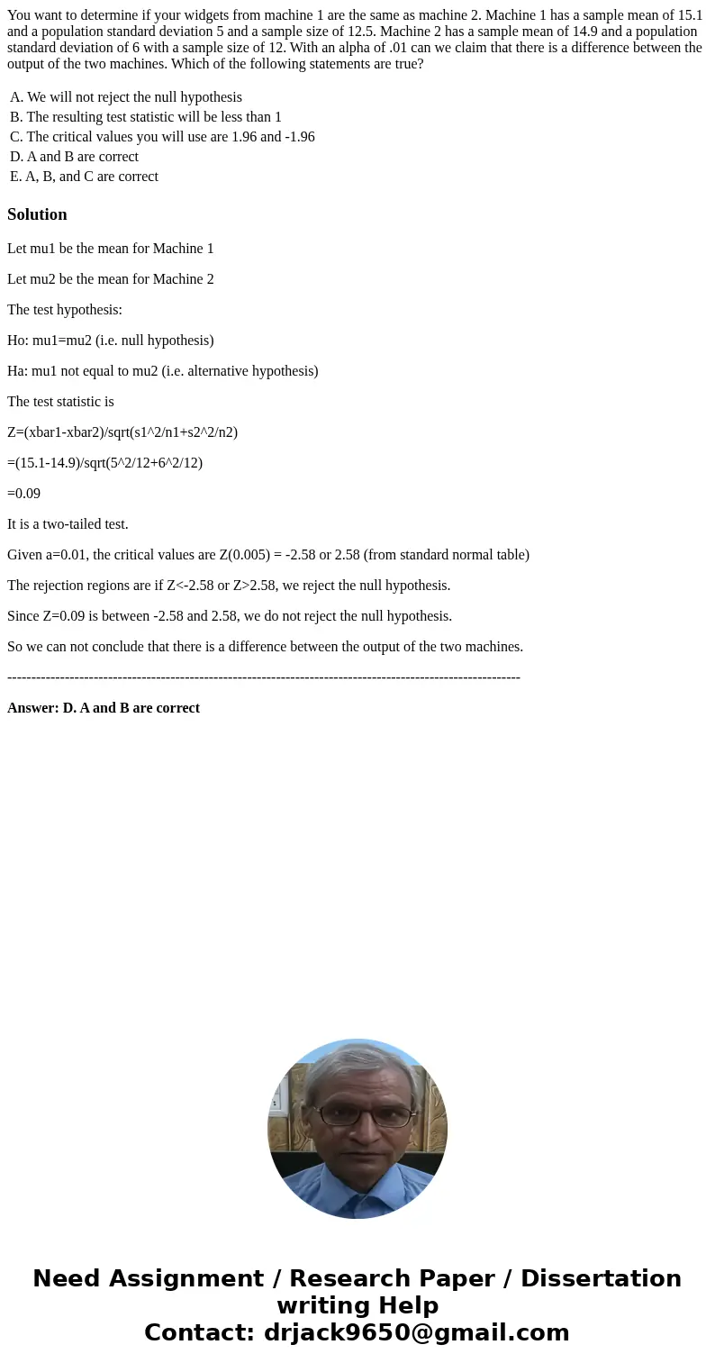 You want to determine if your widgets from machine 1 are the same as machine 2. Machine 1 has a sample mean of 15.1 and a population standard deviation 5 and a  You want to determine if your widgets from machine 1 are the same as machine 2. Machine 1 has a sample mean of 15.1 and a population standard deviation 5 and a