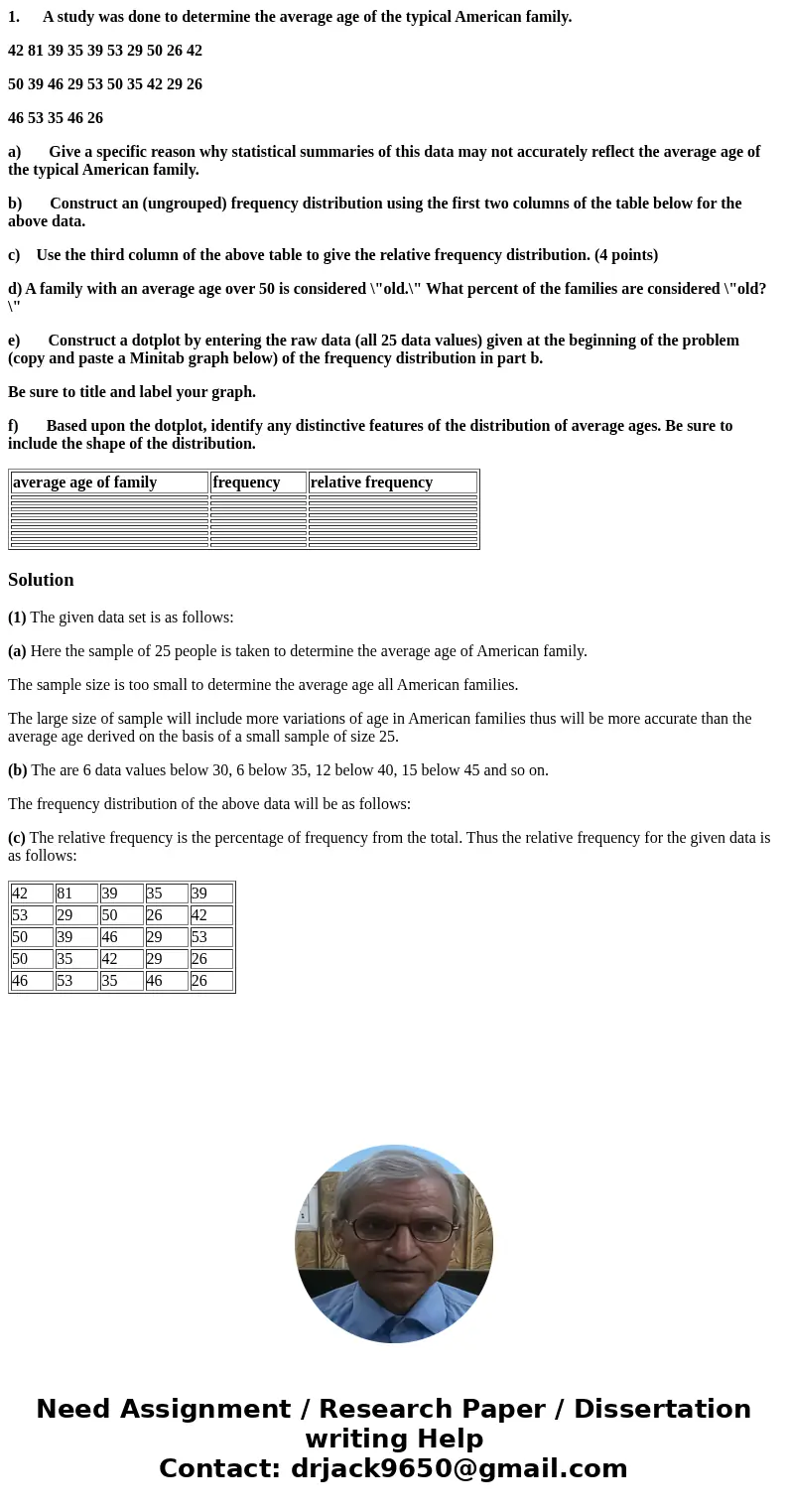 1. A study was done to determine the average age of the typical American family. 42 81 39 35 39 53 29 50 26 42 50 39 46 29 53 50 35 42 29 26 46 53 35 46 26 a) G 1. A study was done to determine the average age of the typical American family. 42 81 39 35 39 53 29 50 26 42 50 39 46 29 53 50 35 42 29 26 46 53 35 46 26 a) G