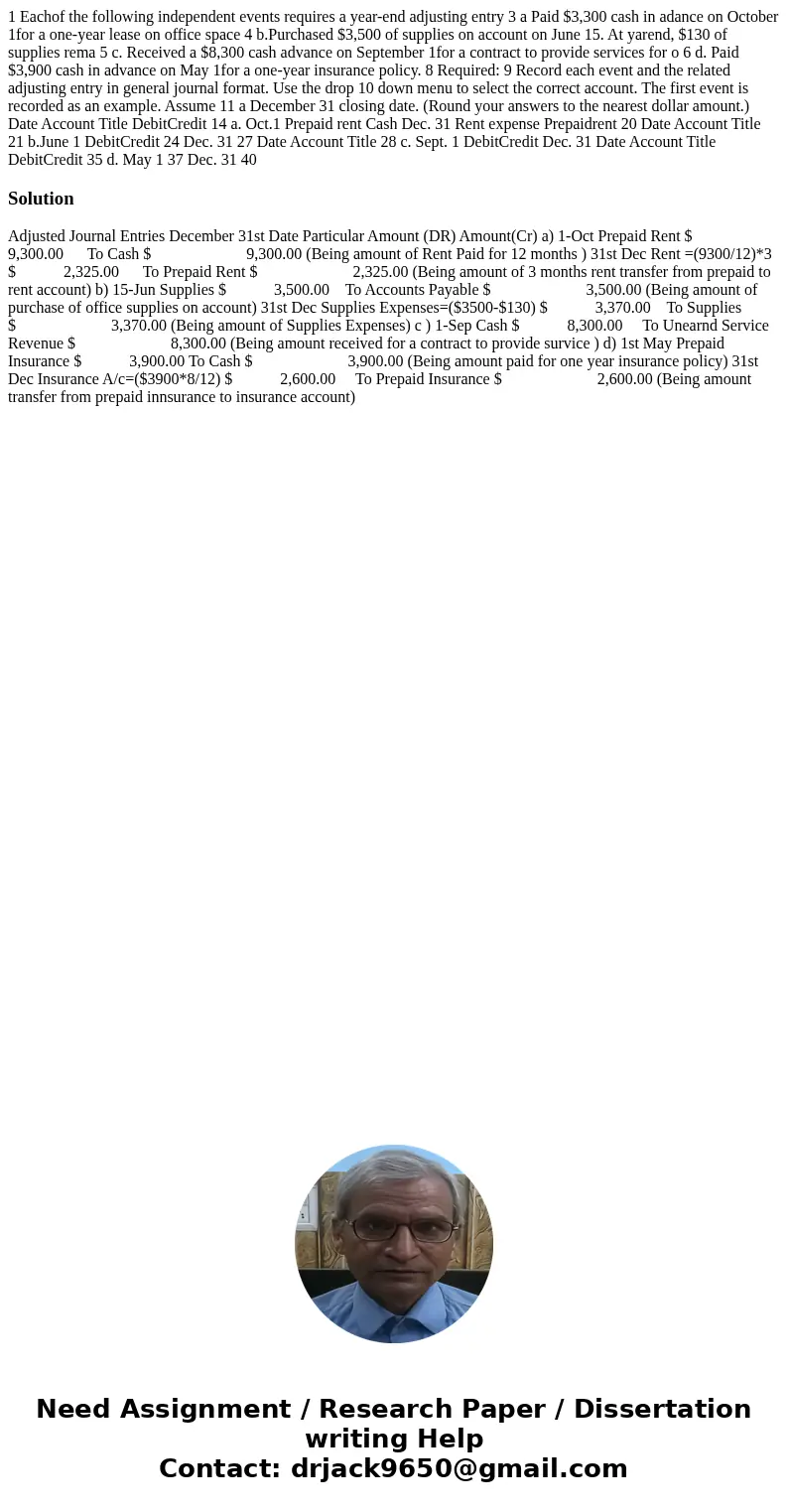 1 Eachof the following independent events requires a year-end adjusting entry 3 a Paid $3,300 cash in adance on October 1for a one-year lease on office space 4  1 Eachof the following independent events requires a year-end adjusting entry 3 a Paid $3,300 cash in adance on October 1for a one-year lease on office space 4