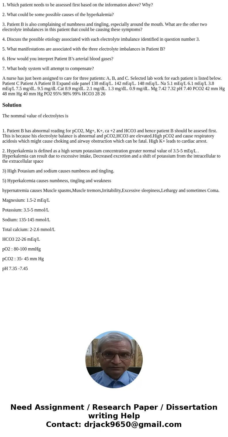 1. Which patient needs to be assessed first based on the information above? Why? 2. What could be some possible causes of the hyperkalemia? 3. Patient B is also 1. Which patient needs to be assessed first based on the information above? Why? 2. What could be some possible causes of the hyperkalemia? 3. Patient B is also
