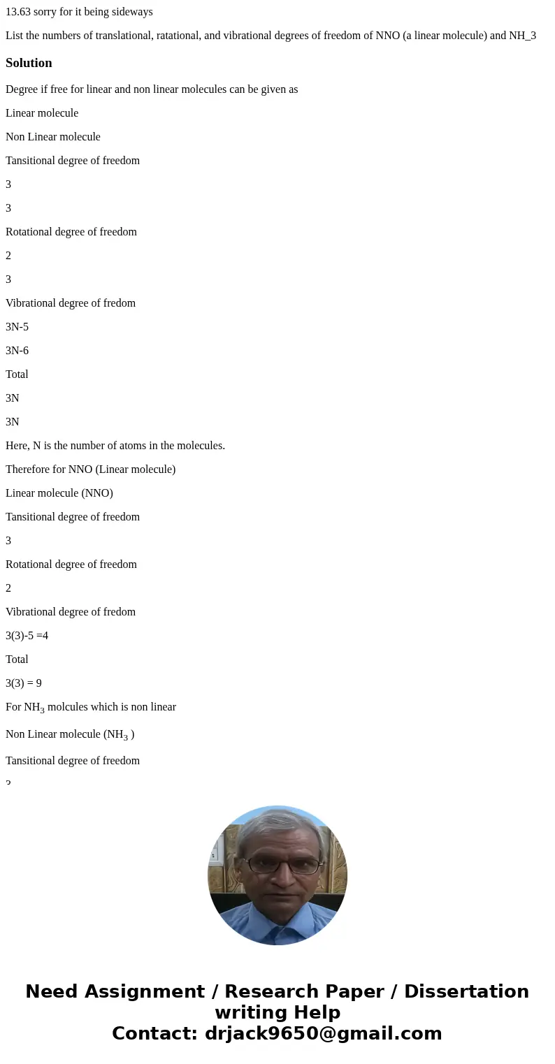 13.63 sorry for it being sideways List the numbers of translational, ratational, and vibrational degrees of freedom of NNO (a linear molecule) and NH_3SolutionD 13.63 sorry for it being sideways List the numbers of translational, ratational, and vibrational degrees of freedom of NNO (a linear molecule) and NH_3SolutionD