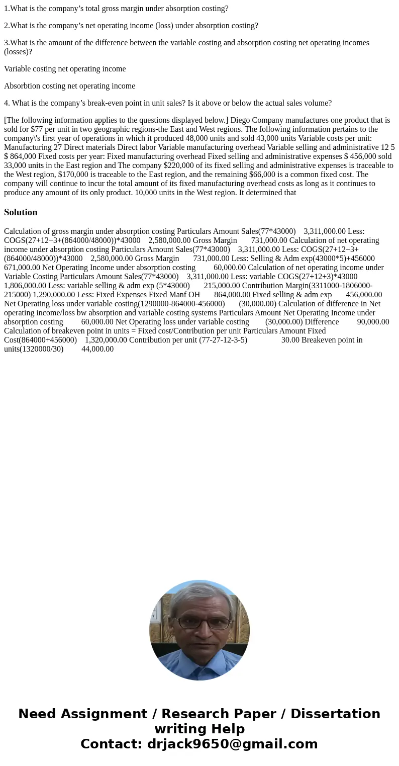 1.What is the company’s total gross margin under absorption costing? 2.What is the company’s net operating income (loss) under absorption costing? 3.What is the 1.What is the company’s total gross margin under absorption costing? 2.What is the company’s net operating income (loss) under absorption costing? 3.What is the