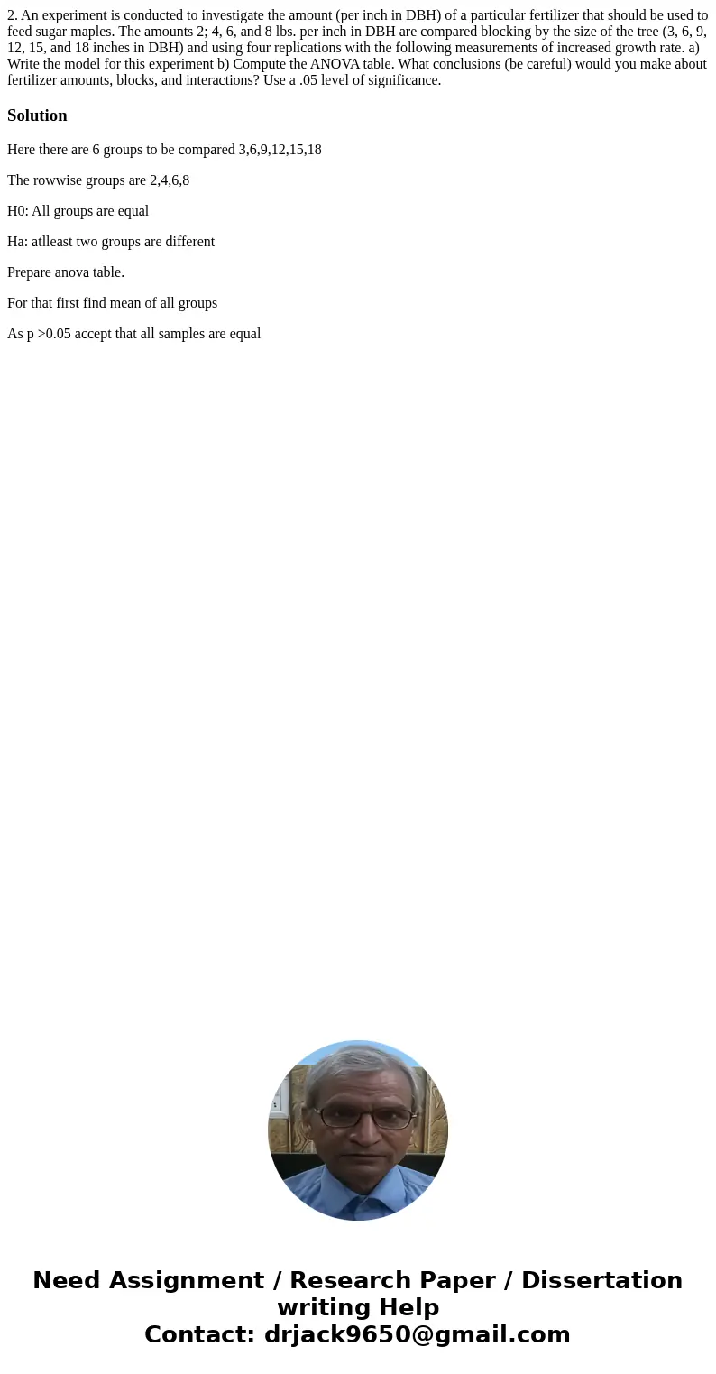 2. An experiment is conducted to investigate the amount (per inch in DBH) of a particular fertilizer that should be used to feed sugar maples. The amounts 2; 4  2. An experiment is conducted to investigate the amount (per inch in DBH) of a particular fertilizer that should be used to feed sugar maples. The amounts 2; 4