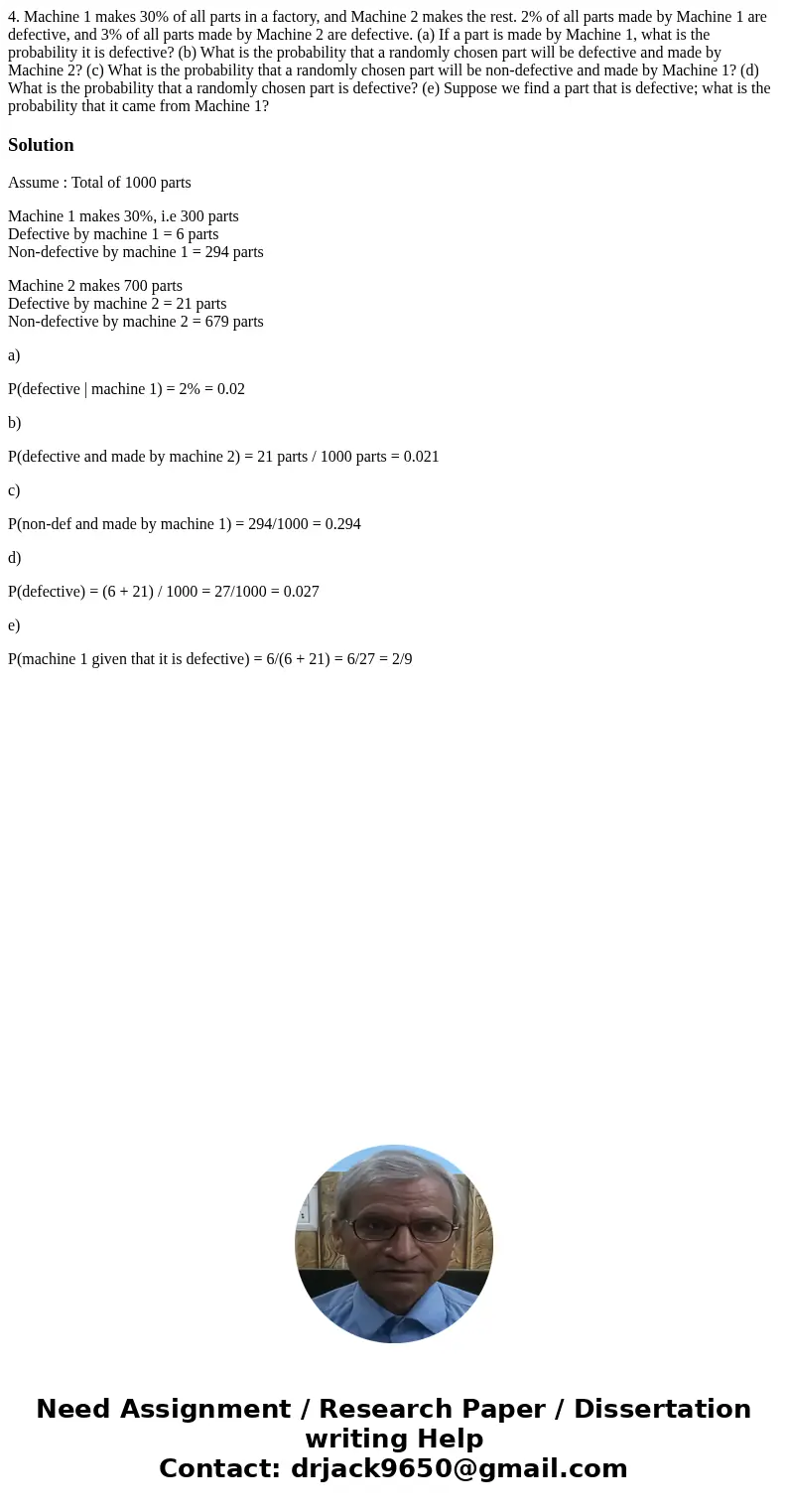 4. Machine 1 makes 30% of all parts in a factory, and Machine 2 makes the rest. 2% of all parts made by Machine 1 are defective, and 3% of all parts made by Ma  4. Machine 1 makes 30% of all parts in a factory, and Machine 2 makes the rest. 2% of all parts made by Machine 1 are defective, and 3% of all parts made by Ma
