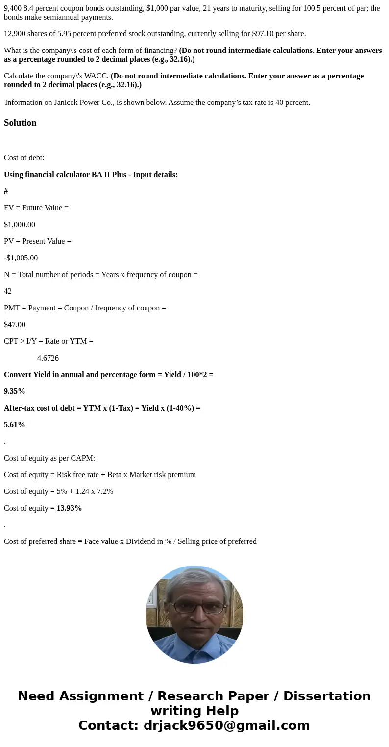 9,400 8.4 percent coupon bonds outstanding, $1,000 par value, 21 years to maturity, selling for 100.5 percent of par; the bonds make semiannual payments. 12,900 9,400 8.4 percent coupon bonds outstanding, $1,000 par value, 21 years to maturity, selling for 100.5 percent of par; the bonds make semiannual payments. 12,900